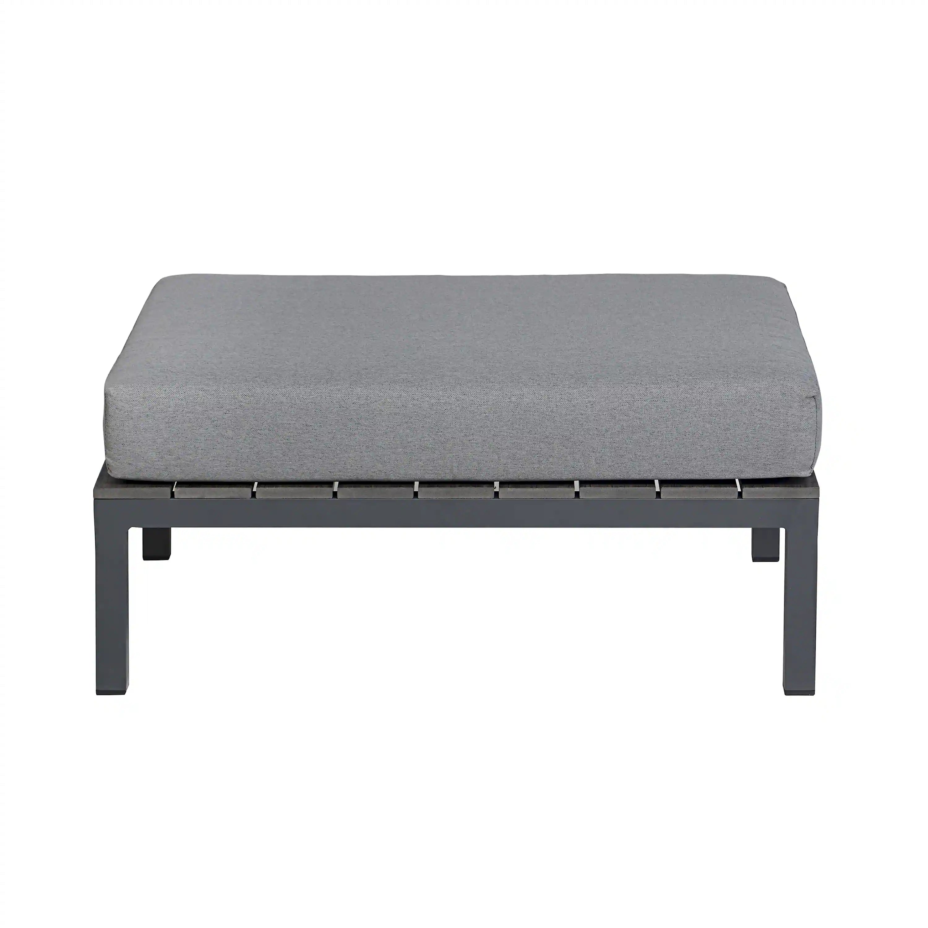 Gray outdoor ottoman table with foam top and black legs