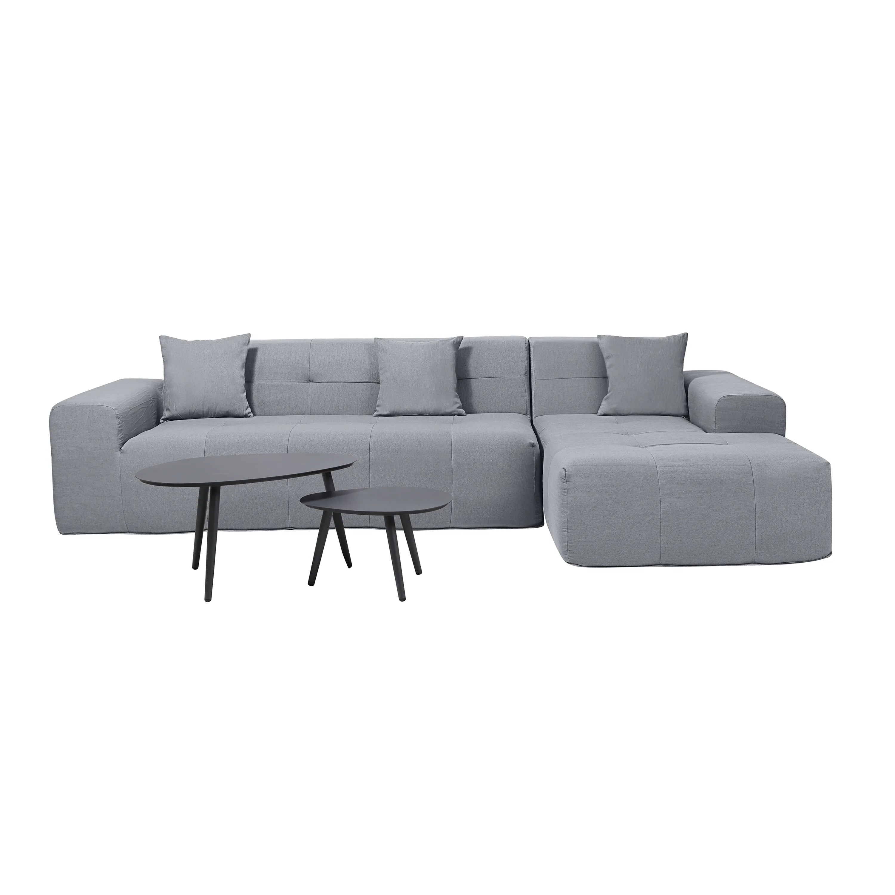 Gray modular outdoor sectional sofa with corner chaise and round coffee table
