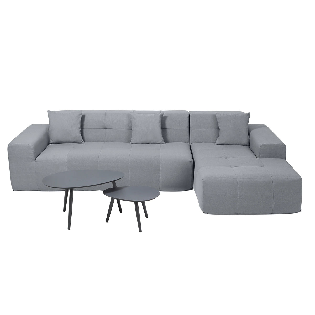 Gray outdoor sectional sofa with chaise corner and round side table