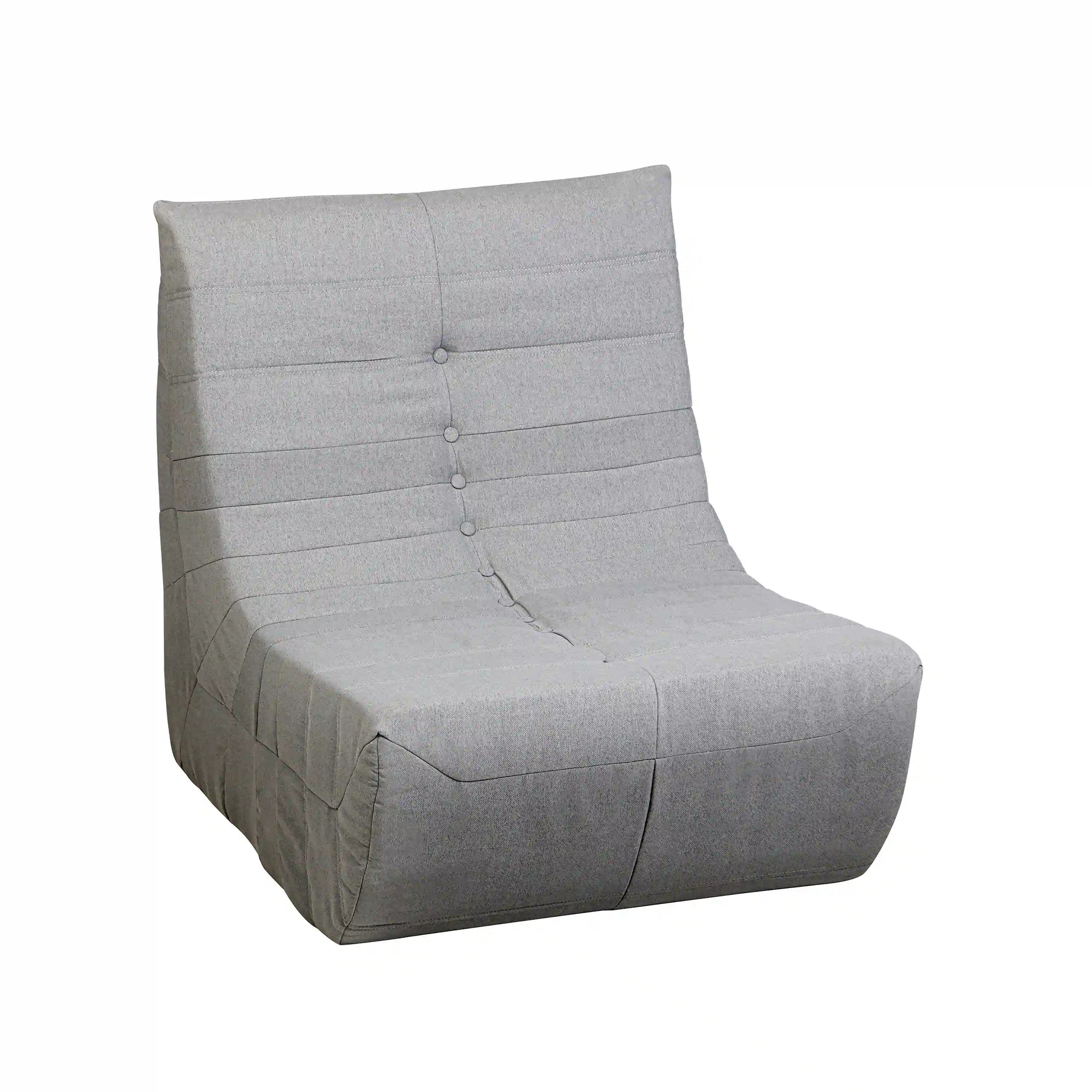 Gray outdoor compressed foam loveseat chair with padded back and seat, button-tufted