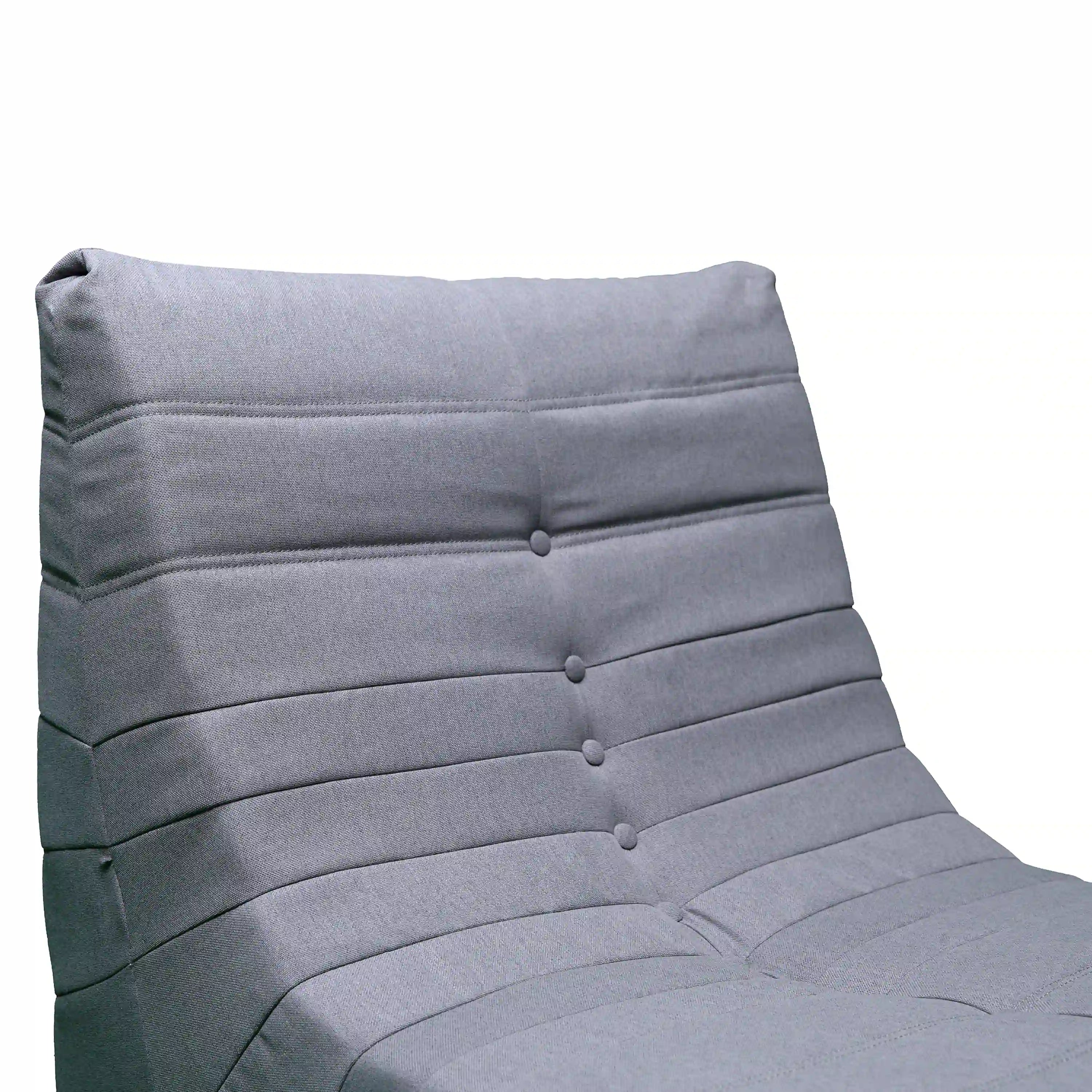 Gray outdoor armchair back cushion with tufted buttons and padded segments