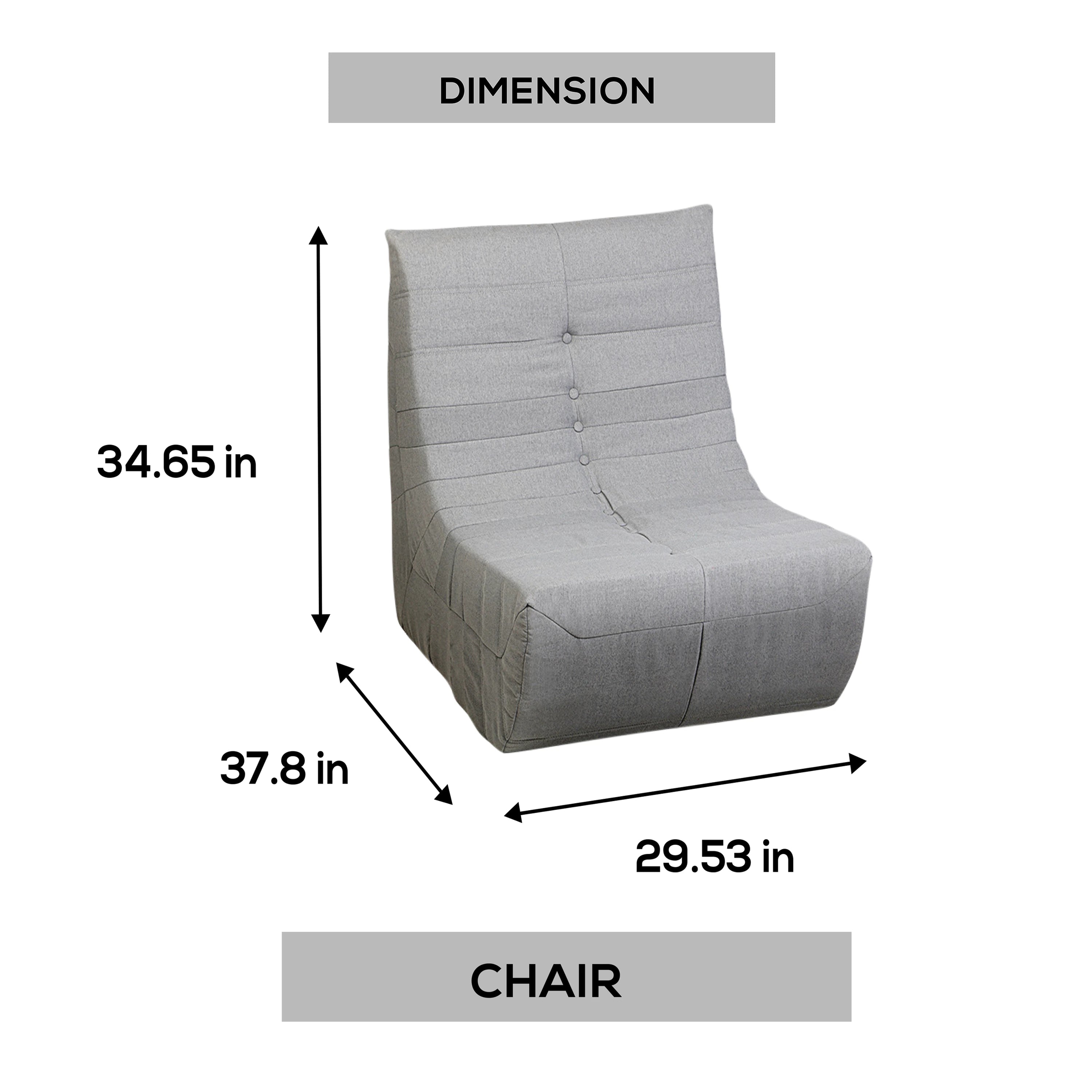 Gray outdoor chair shown with front corner profile and button-tufted back panels