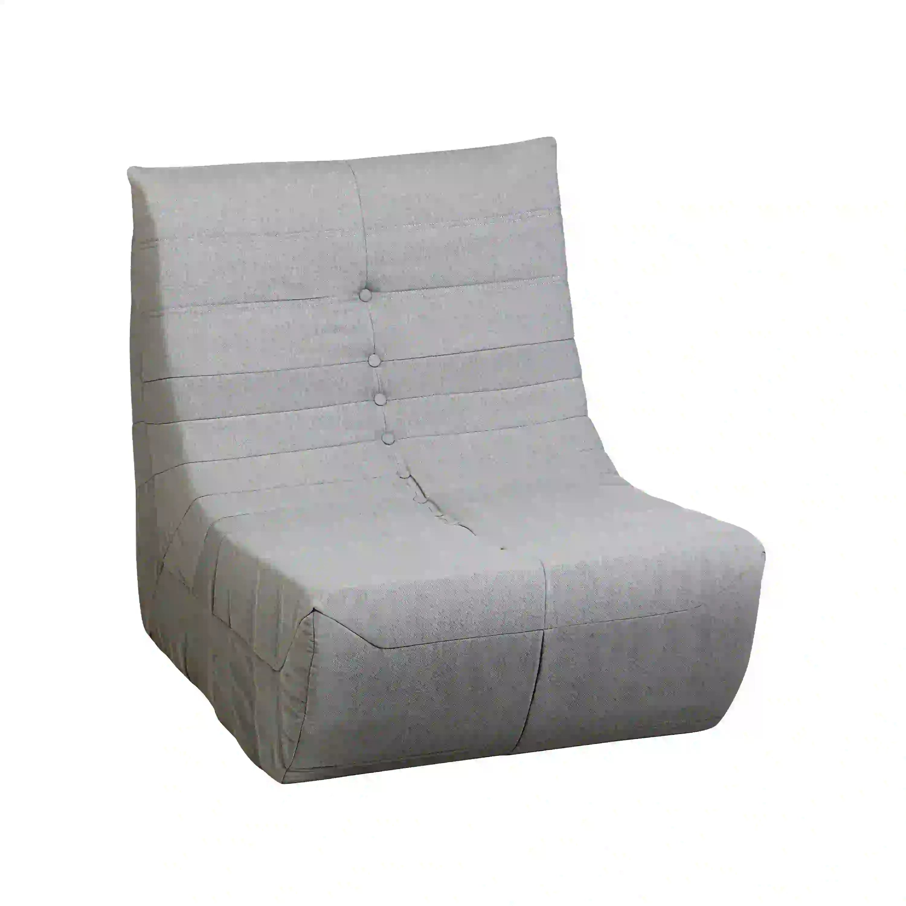 Gray outdoor compressed foam chair with tufted back and curved seat bolsters