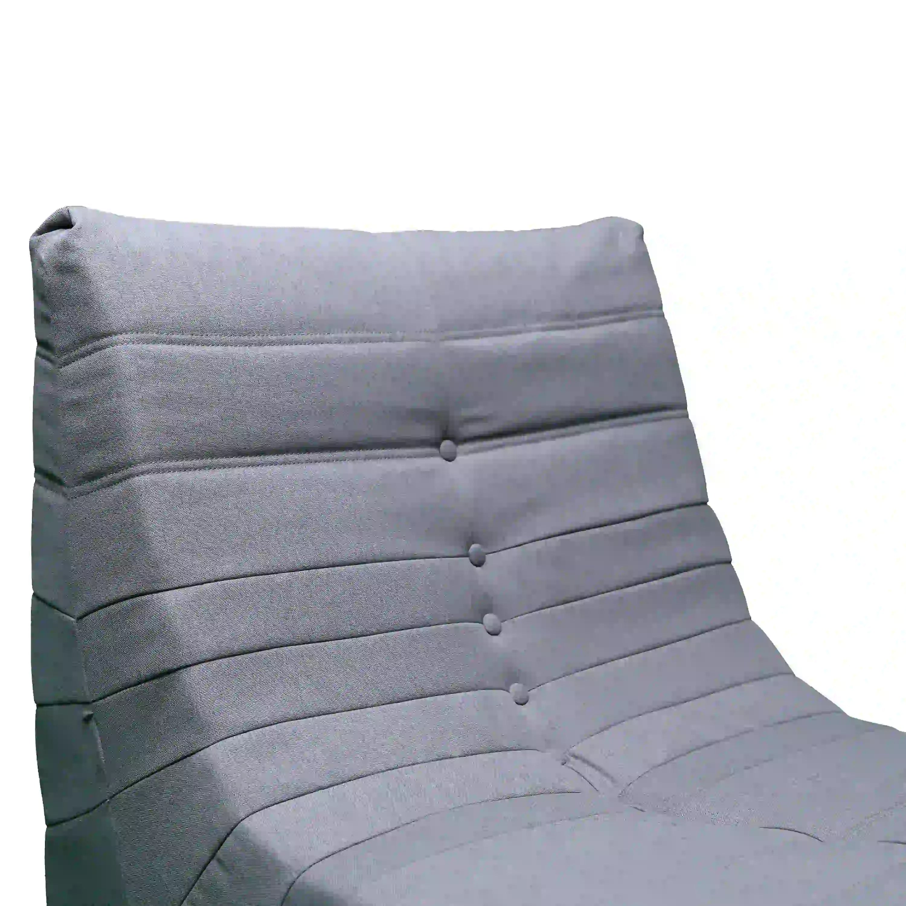 Gray outdoor chair back close-up with horizontal bands and button tufting