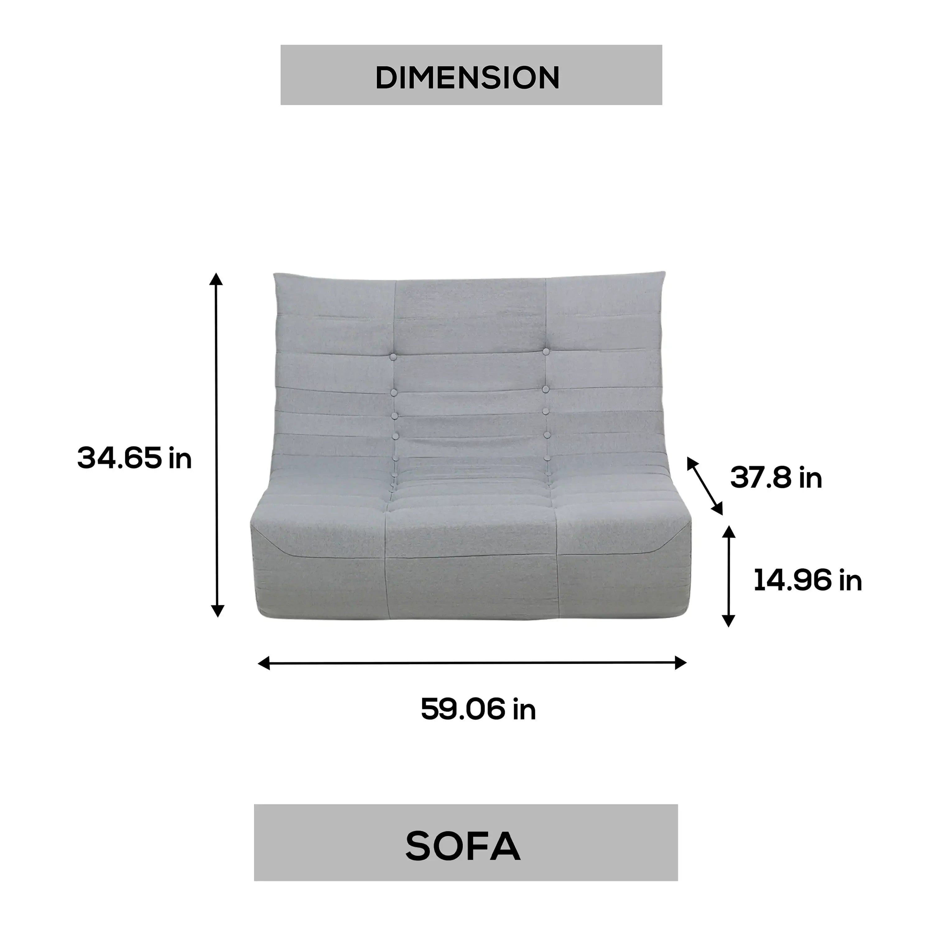 Gray outdoor sofa front view with size diagram overlay
