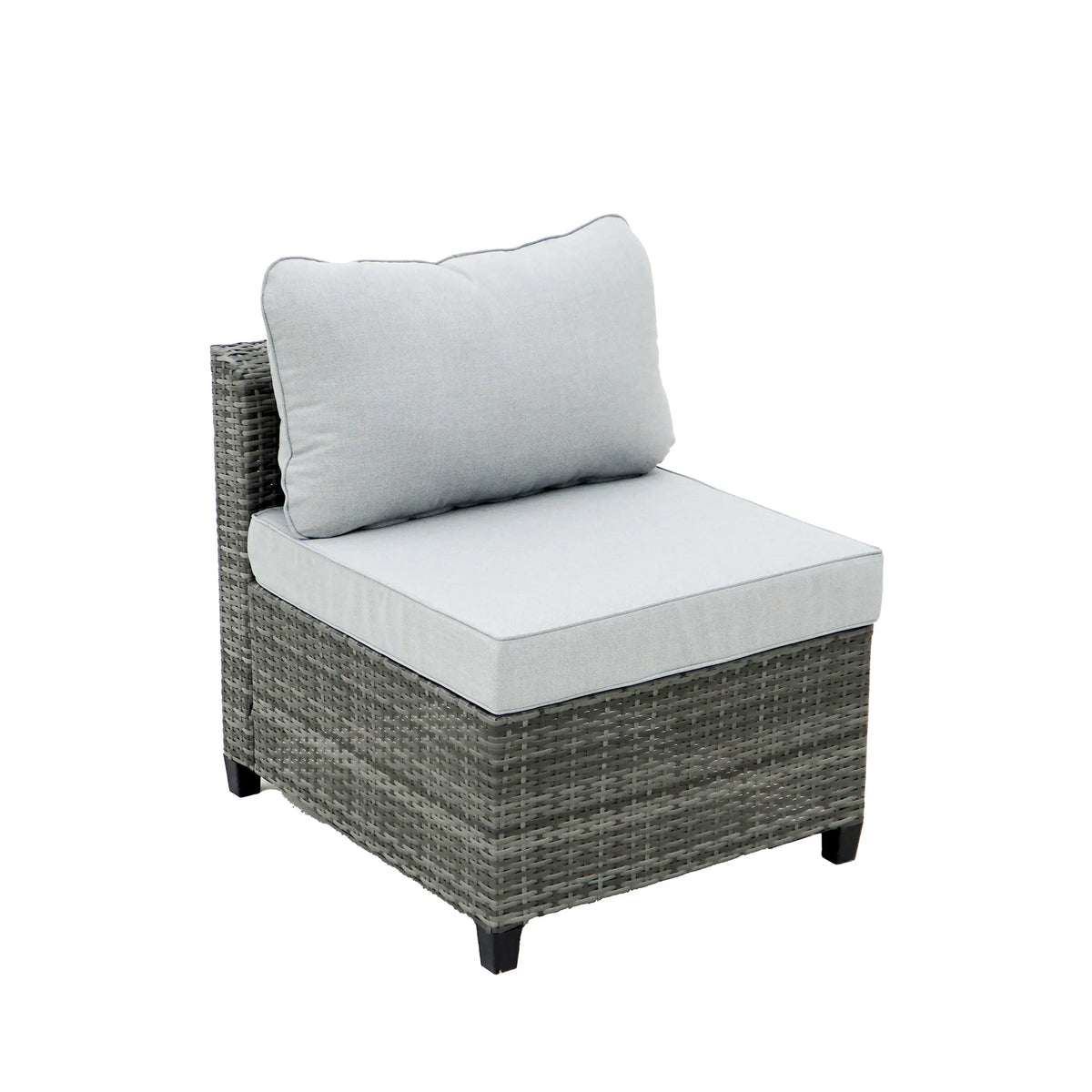 Gray outdoor wicker lounge chair with light gray cushions and two back pillows