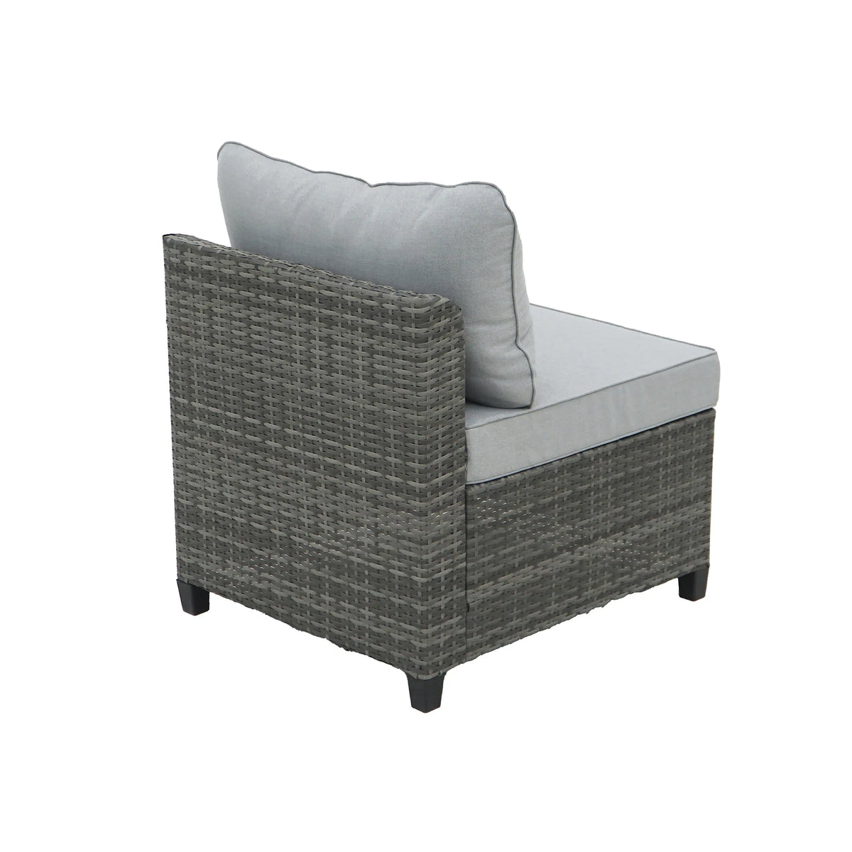 Gray outdoor wicker sofa chair with light gray seat cushion and back pillows