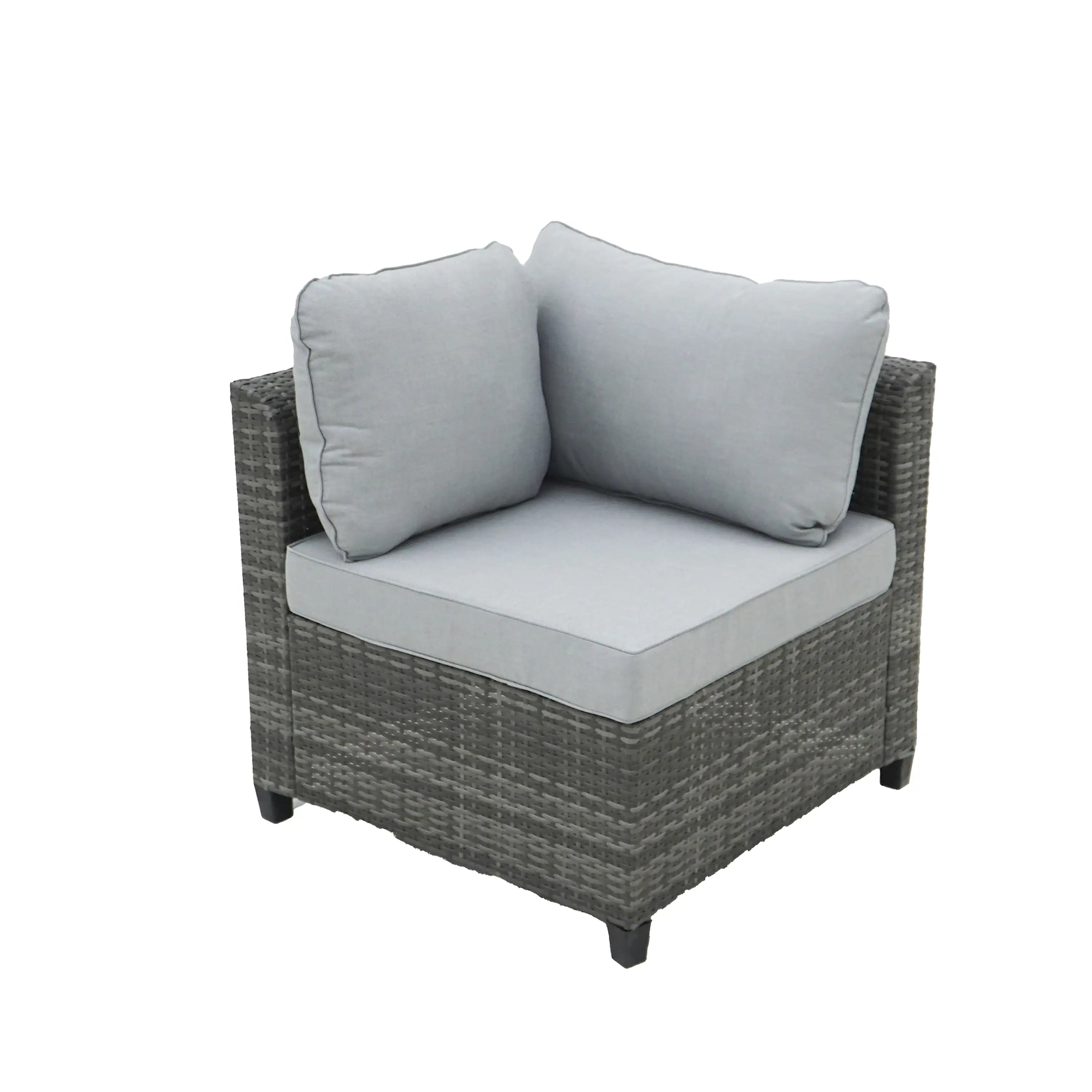 Gray outdoor wicker corner chair with light gray seat cushion and two back pillows