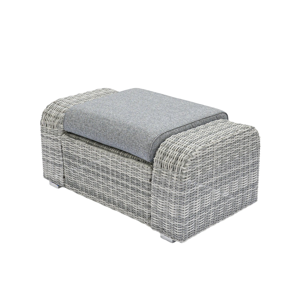 Gray outdoor wicker ottoman with square seat cushion