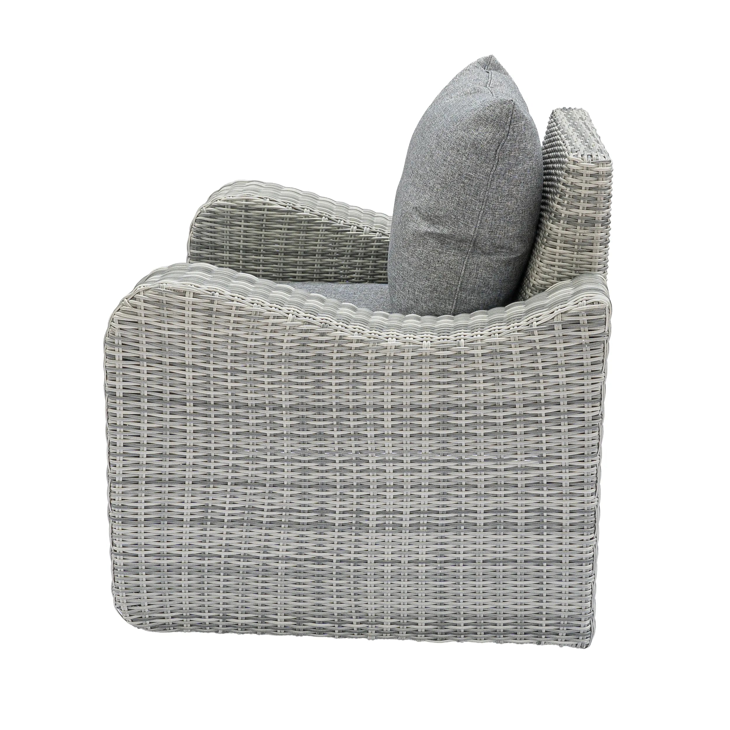 Side view outdoor gray wicker lounge chair with gray back cushion