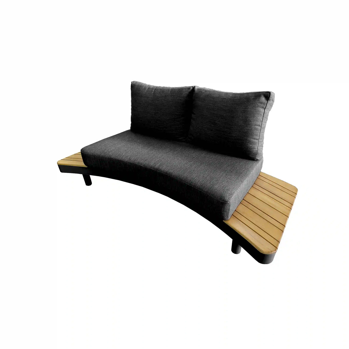 Outdoor 6-piece seating set: gray fabric contour sofa with teak slat arms