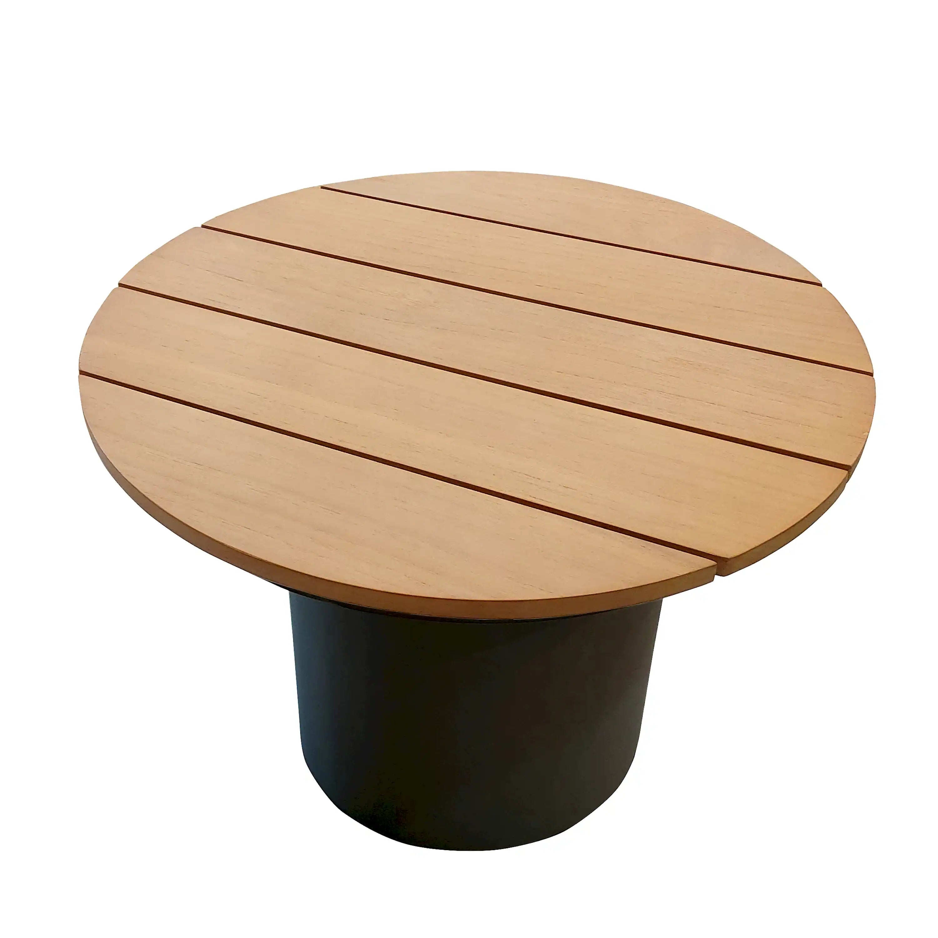 Outdoor 6-piece seating set table: round teak slat top with black pedestal base