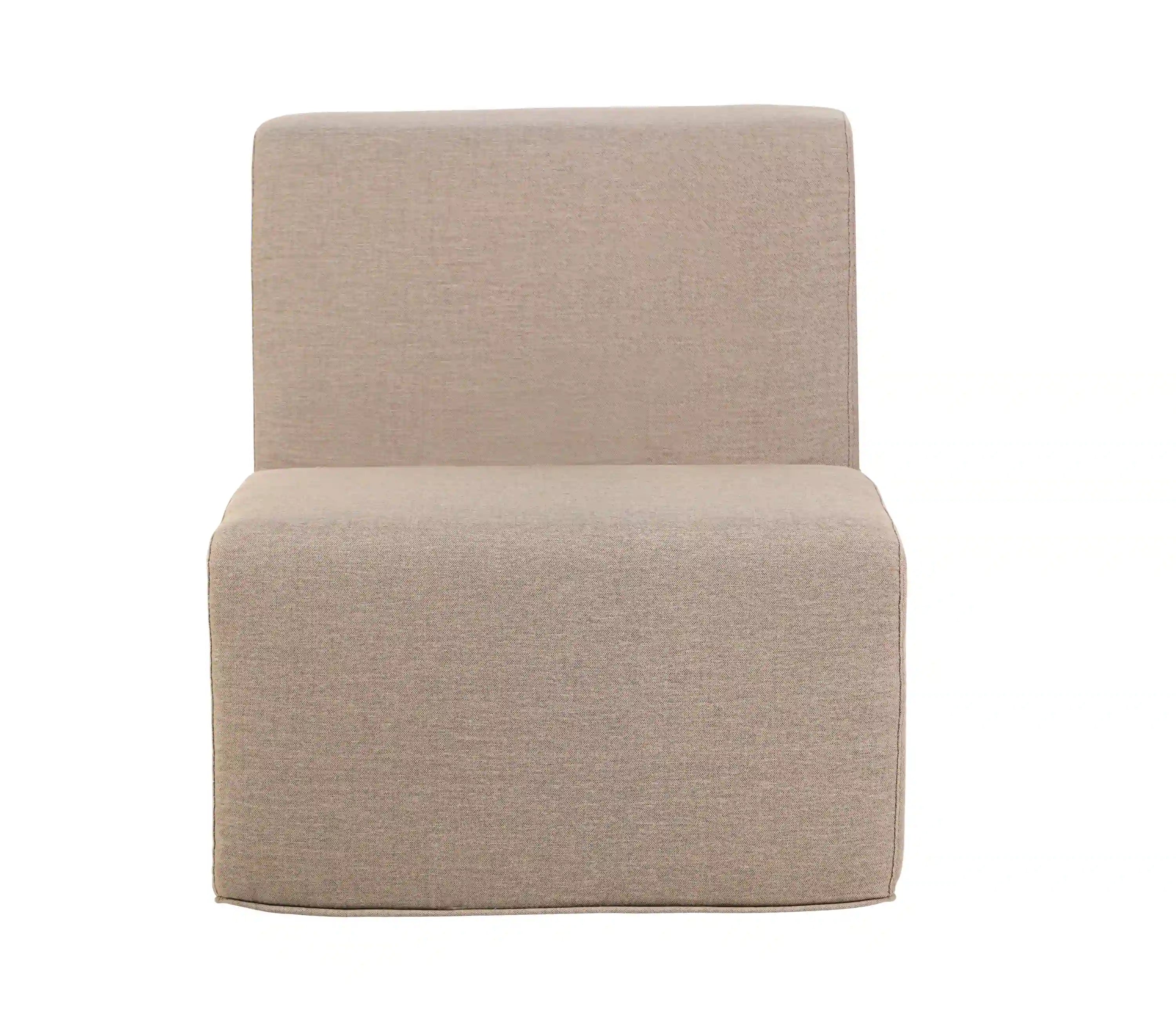 Armless outdoor sectional chair with beige-brown compressed foam seat and back cushions