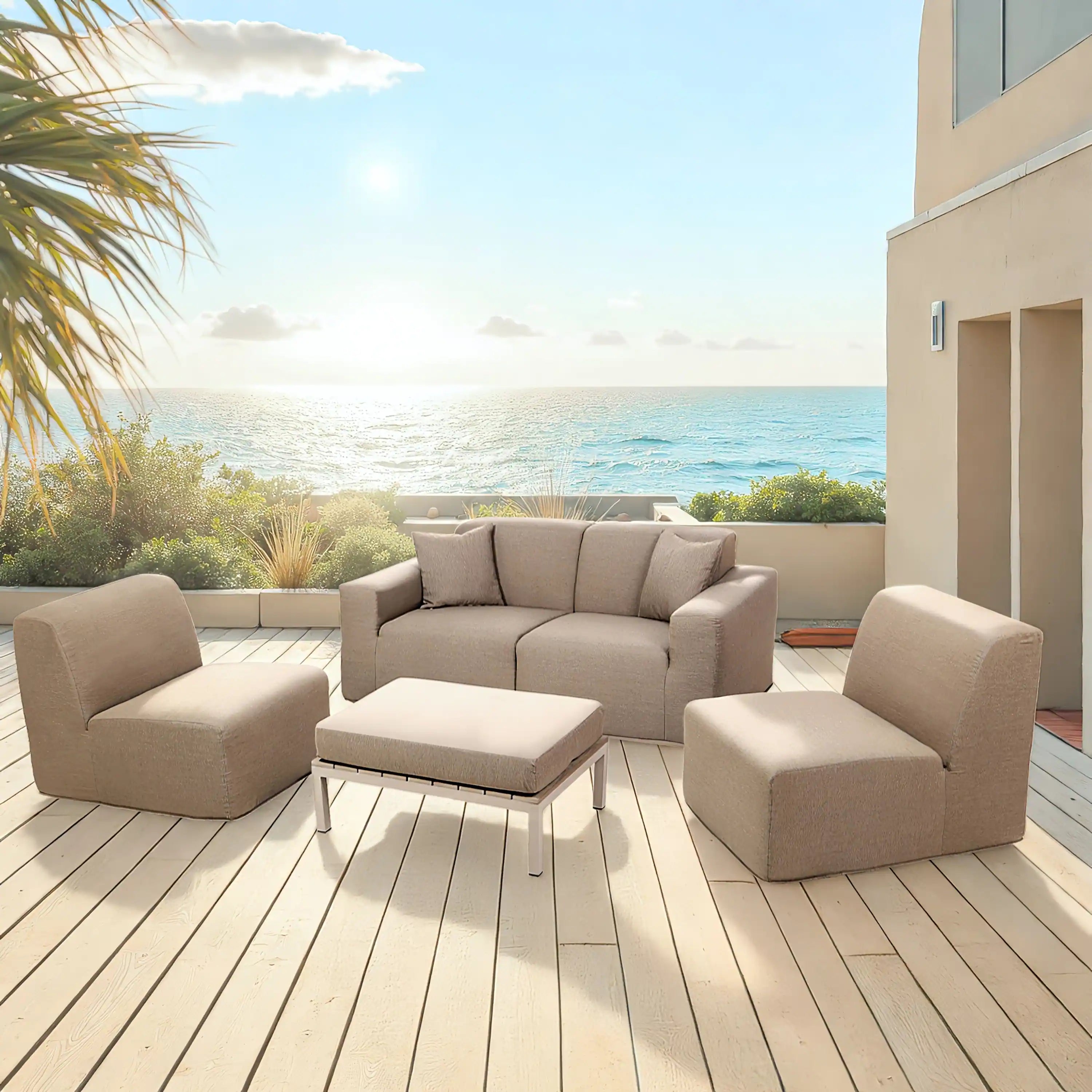 Outdoor sectional seating set in beige-brown with ottoman coffee table