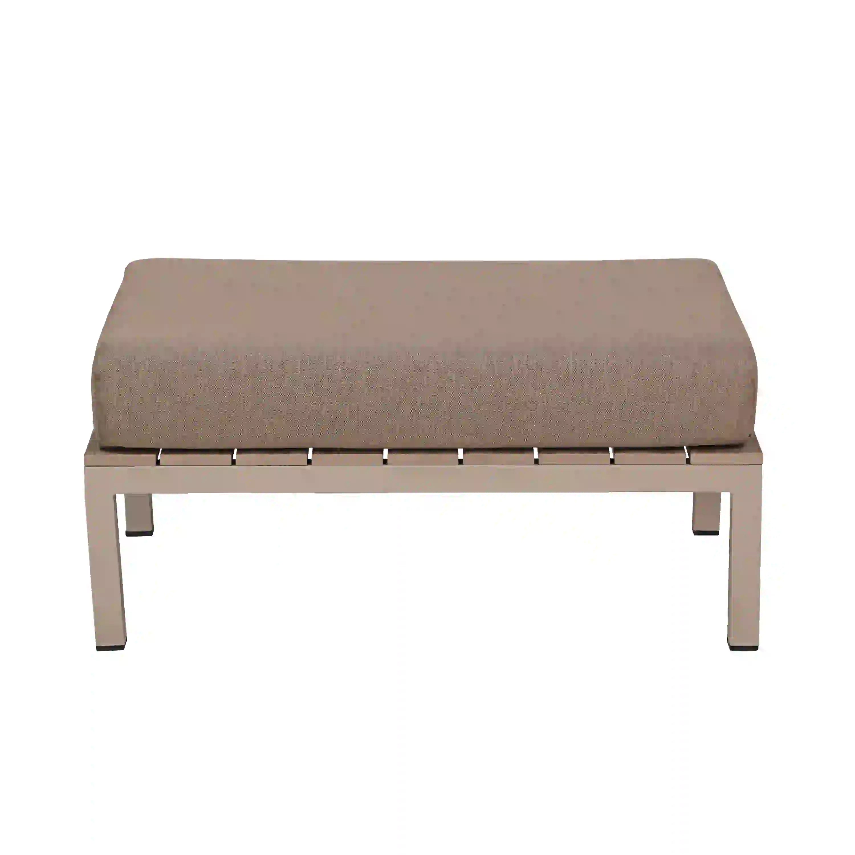 Brown outdoor ottoman table with compression foam top and light wood legs