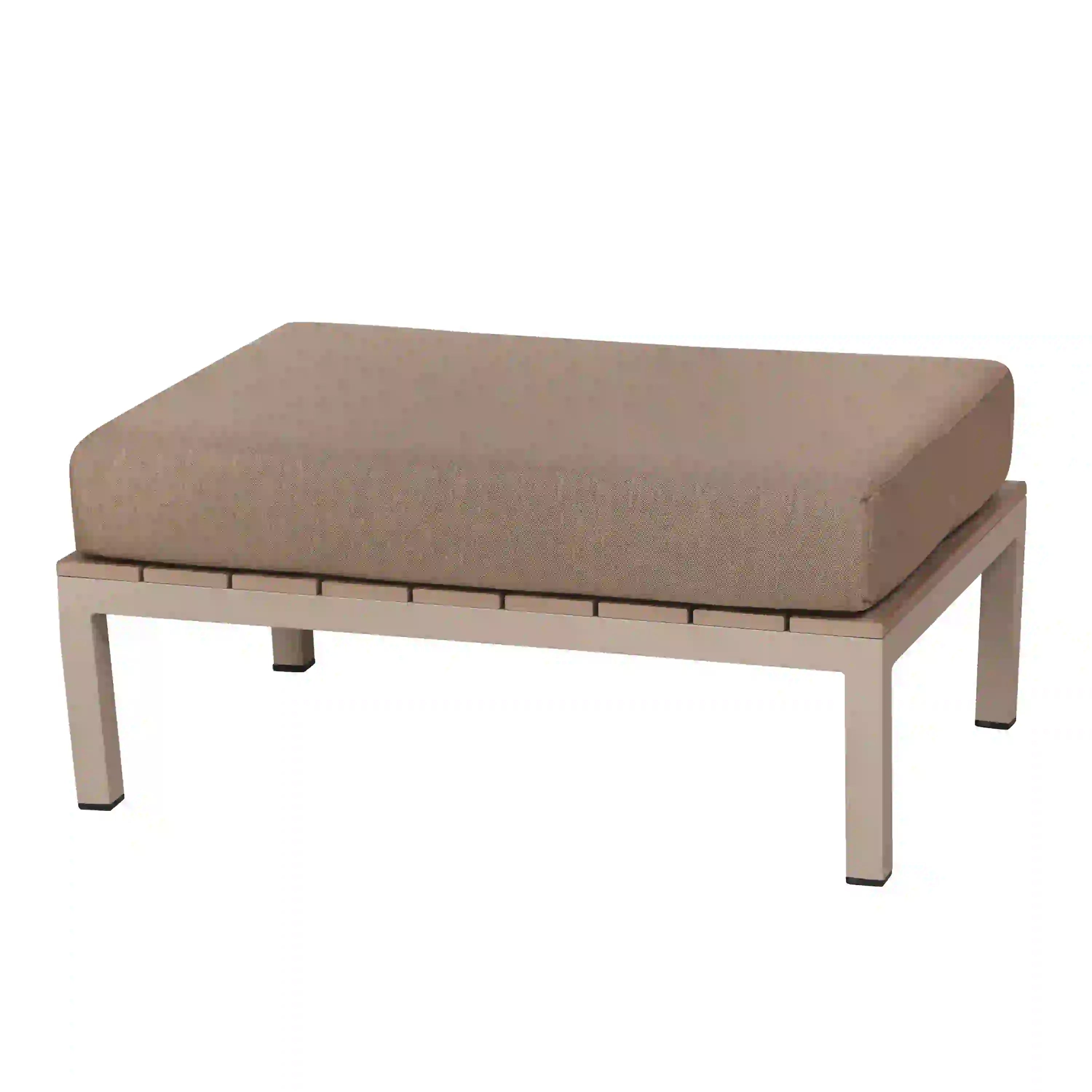 Brown outdoor ottoman table with padded top and four light legs
