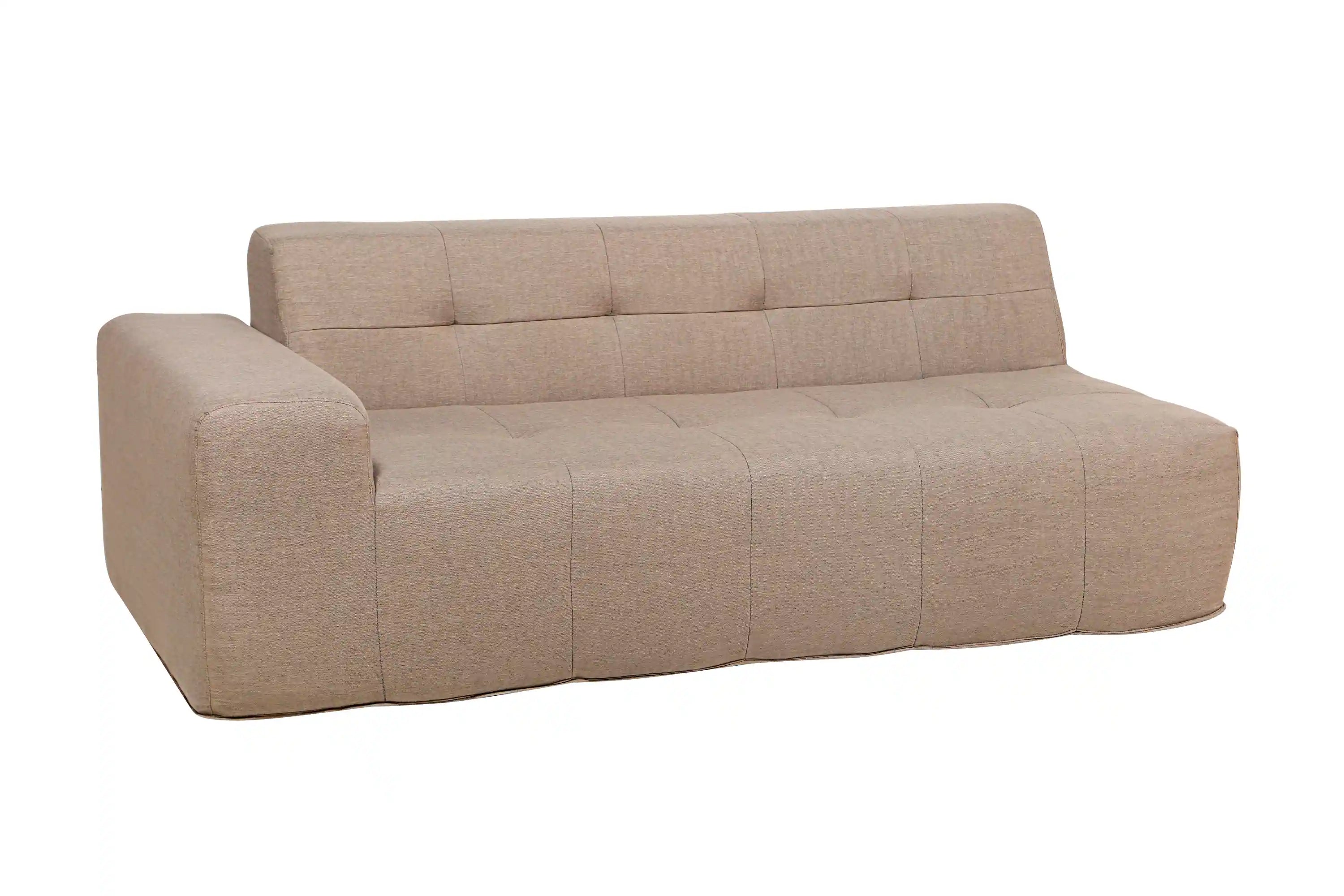 Tan outdoor sectional sofa with padded arms and tufted back cushions