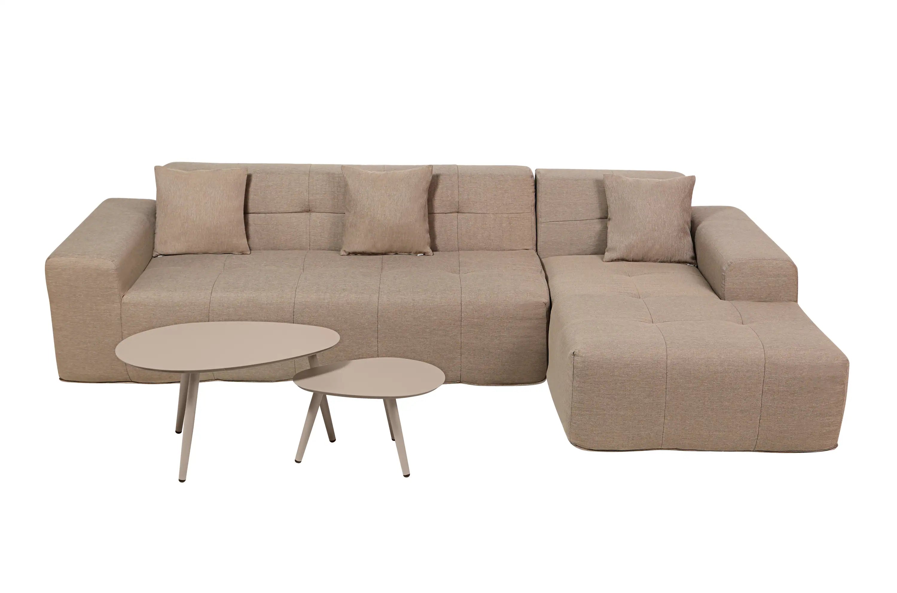 Brown outdoor sectional sofa with chaise and two round side tables