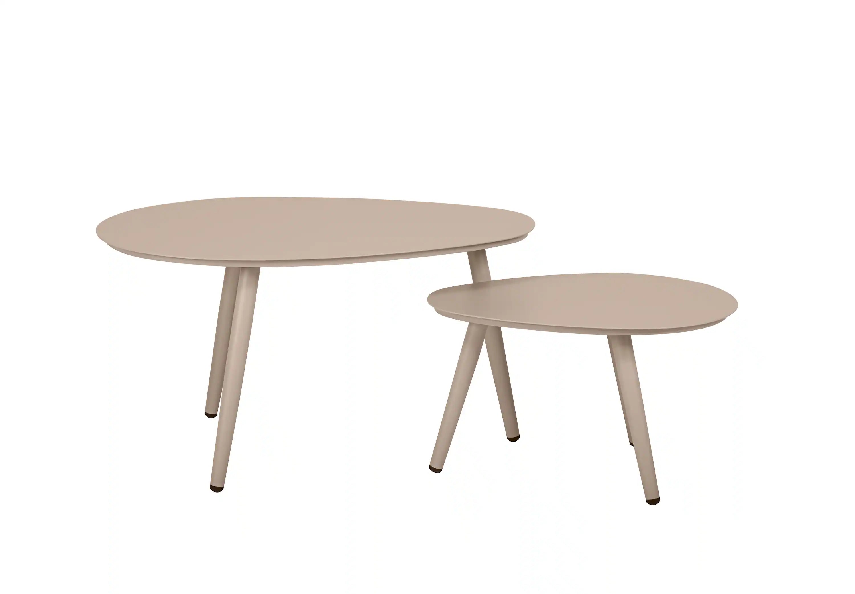 Light brown outdoor oval nesting tables, flat tops and four angled legs