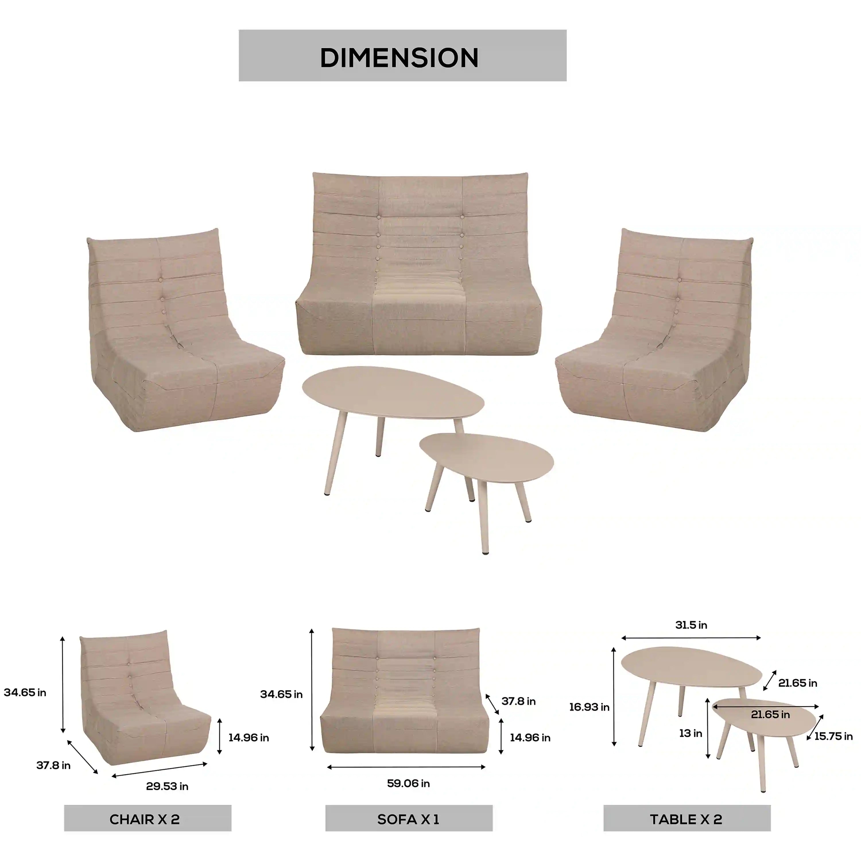 Tan outdoor seating set: loveseat, two chairs, and two round tables shown with layout.