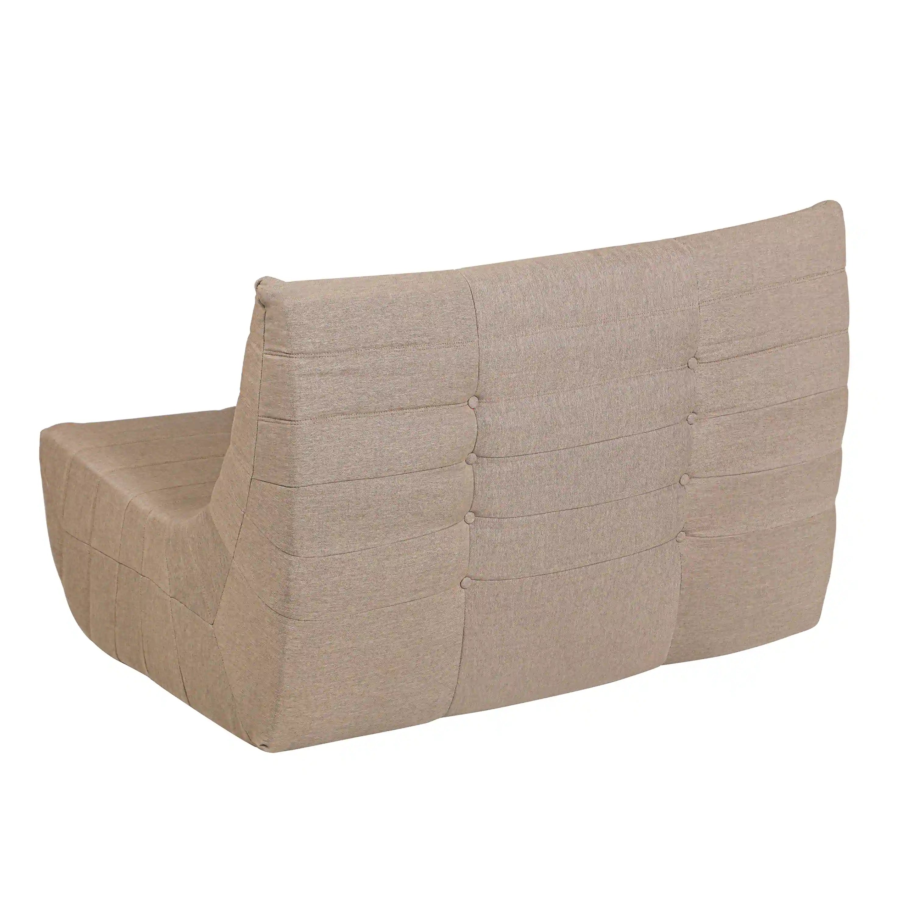 Tan outdoor loveseat with upholstered back and seat, cushioned armrests and stitched panels.