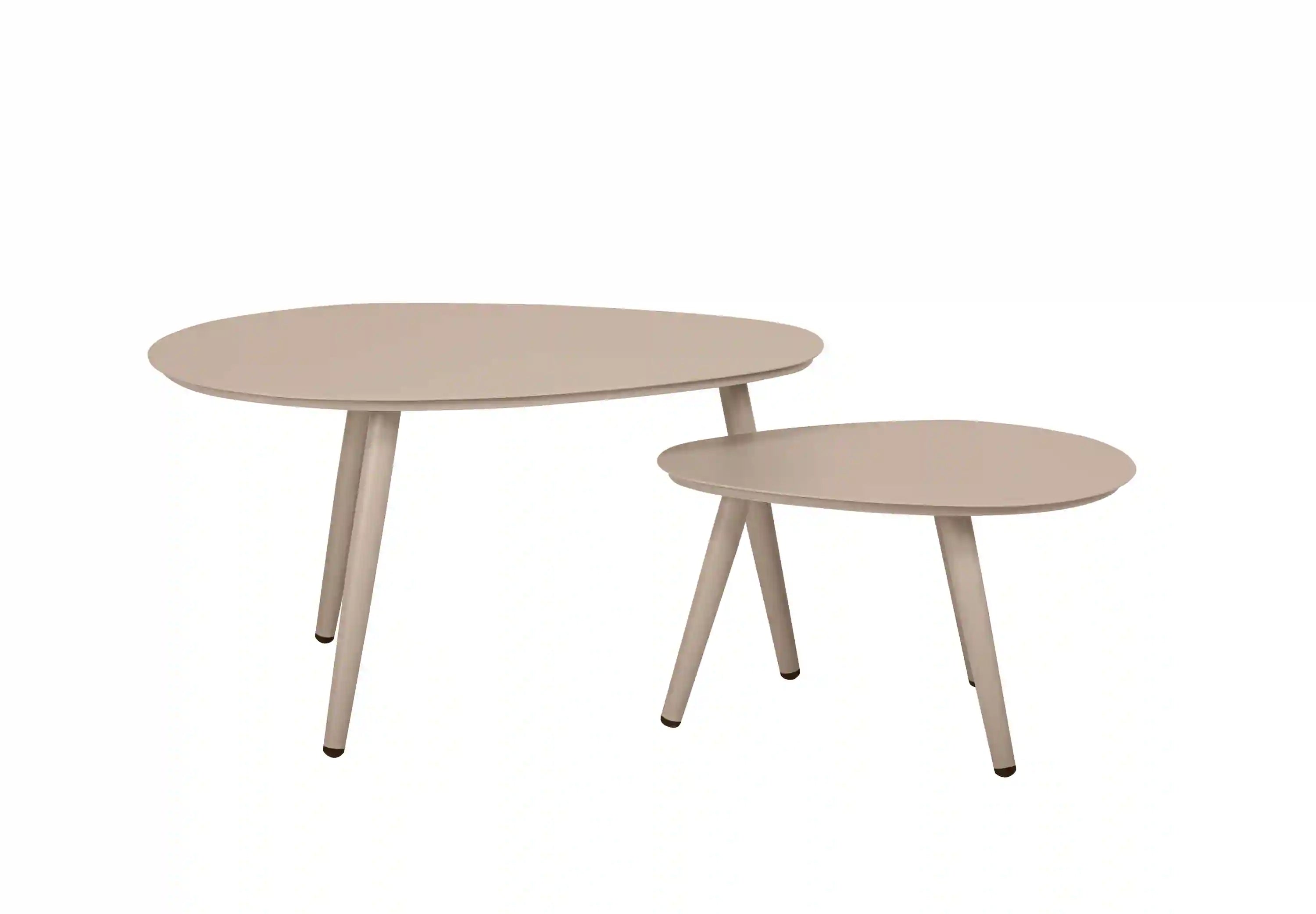 Set of two round side tables with smooth light-brown tops and slender legs