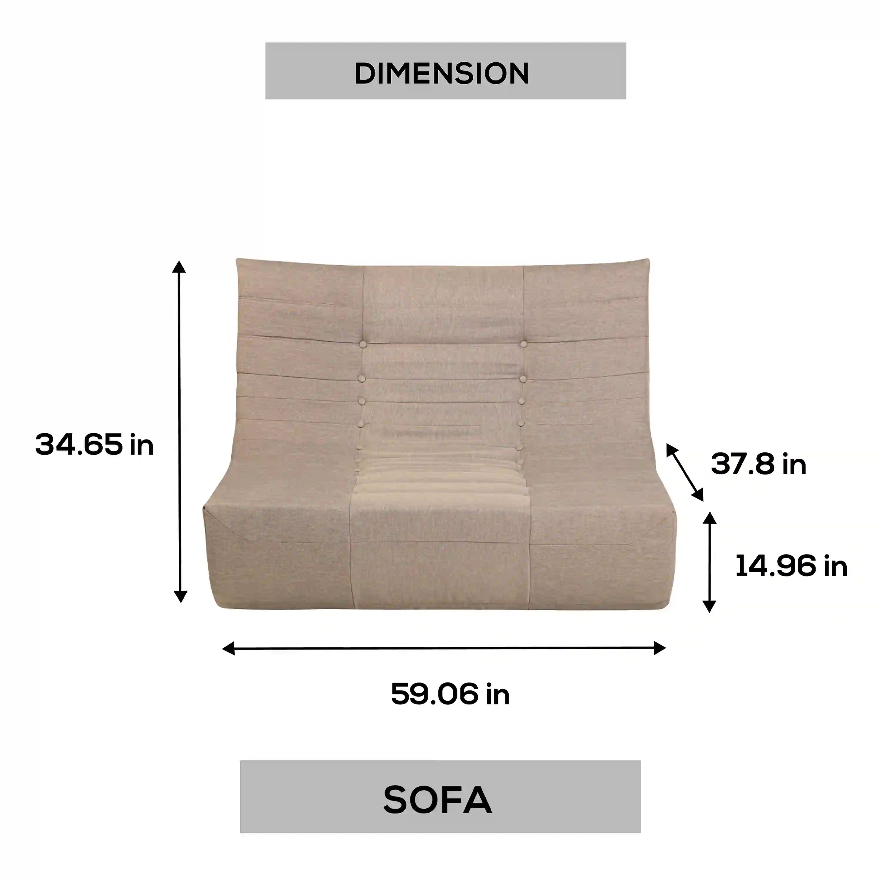 Brown outdoor sofa dimension diagram, 59.06 in wide, 34.65 in tall