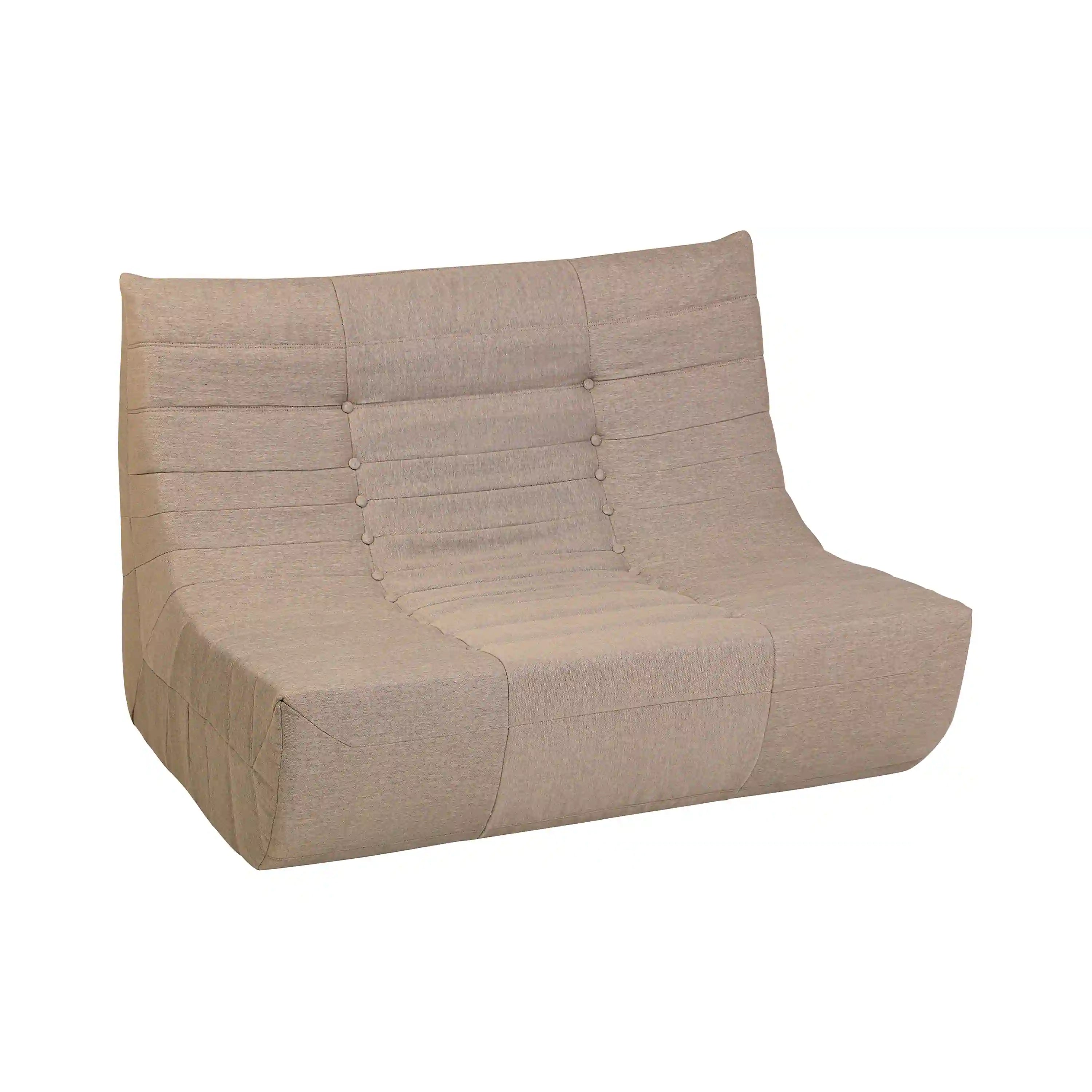 Brown outdoor sofa with tufted back panels and rounded armrests