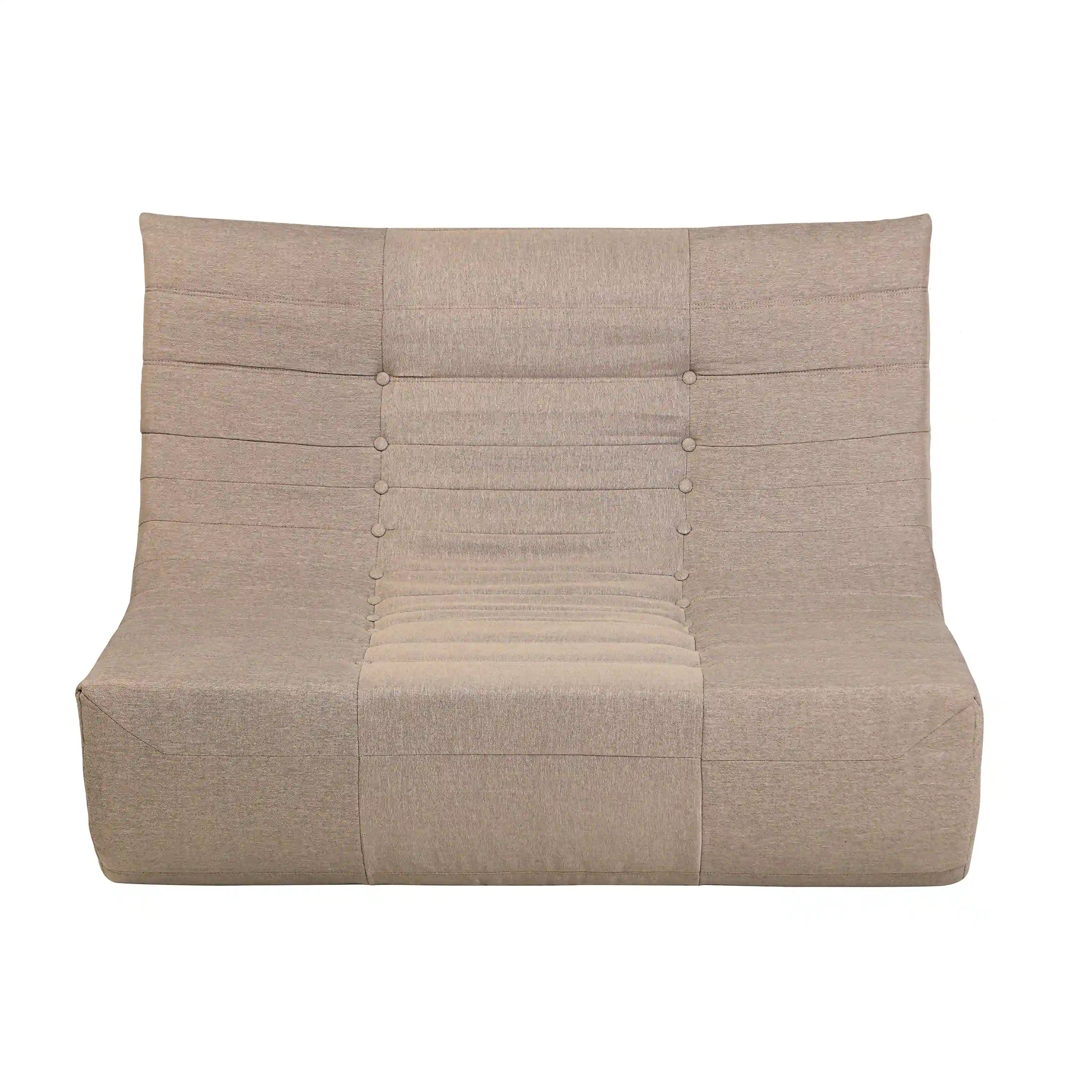 Brown tufted outdoor sofa with cushioned seat and padded backrest