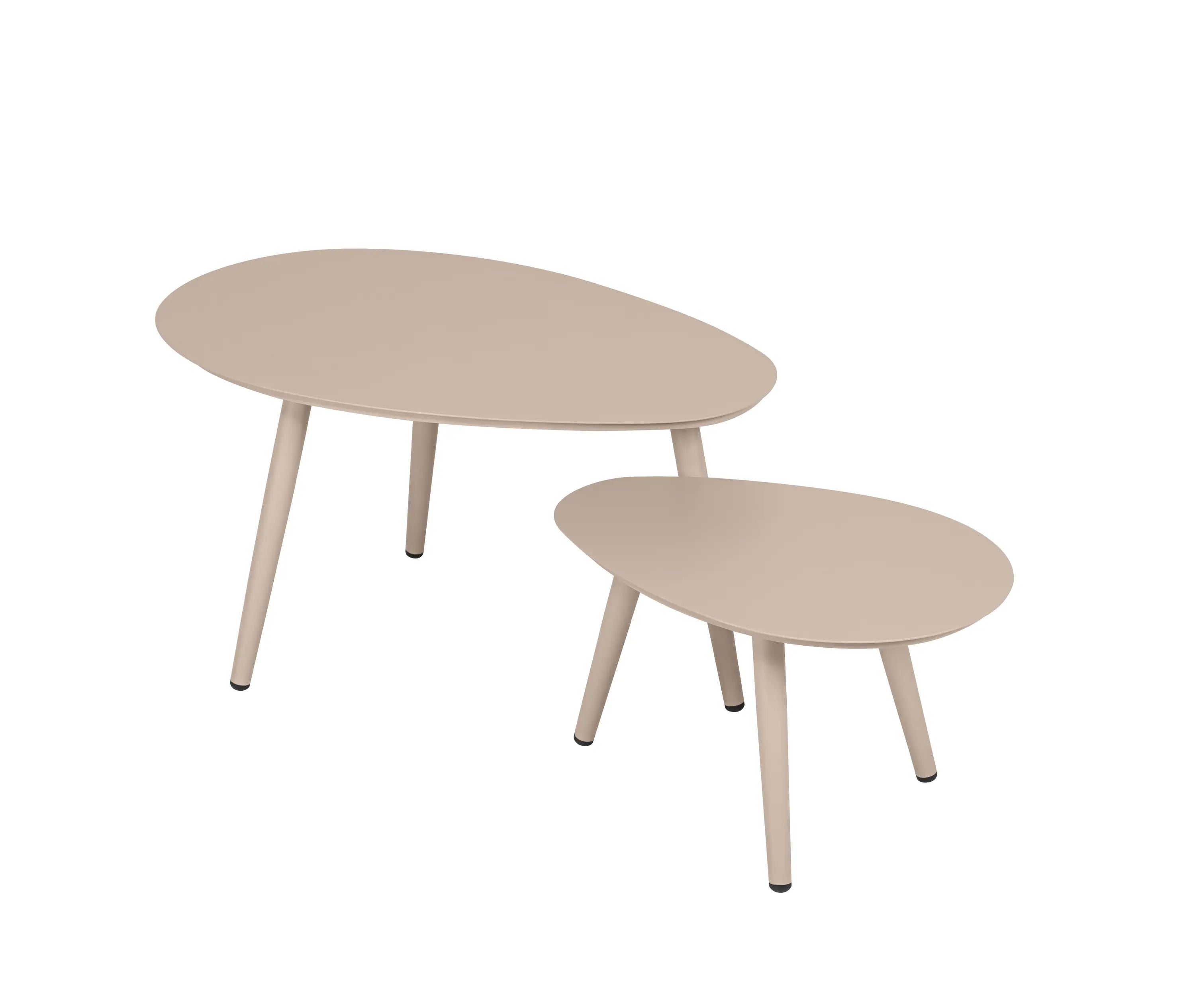 Beige oval table set with large and small oval tops and tapered angled legs