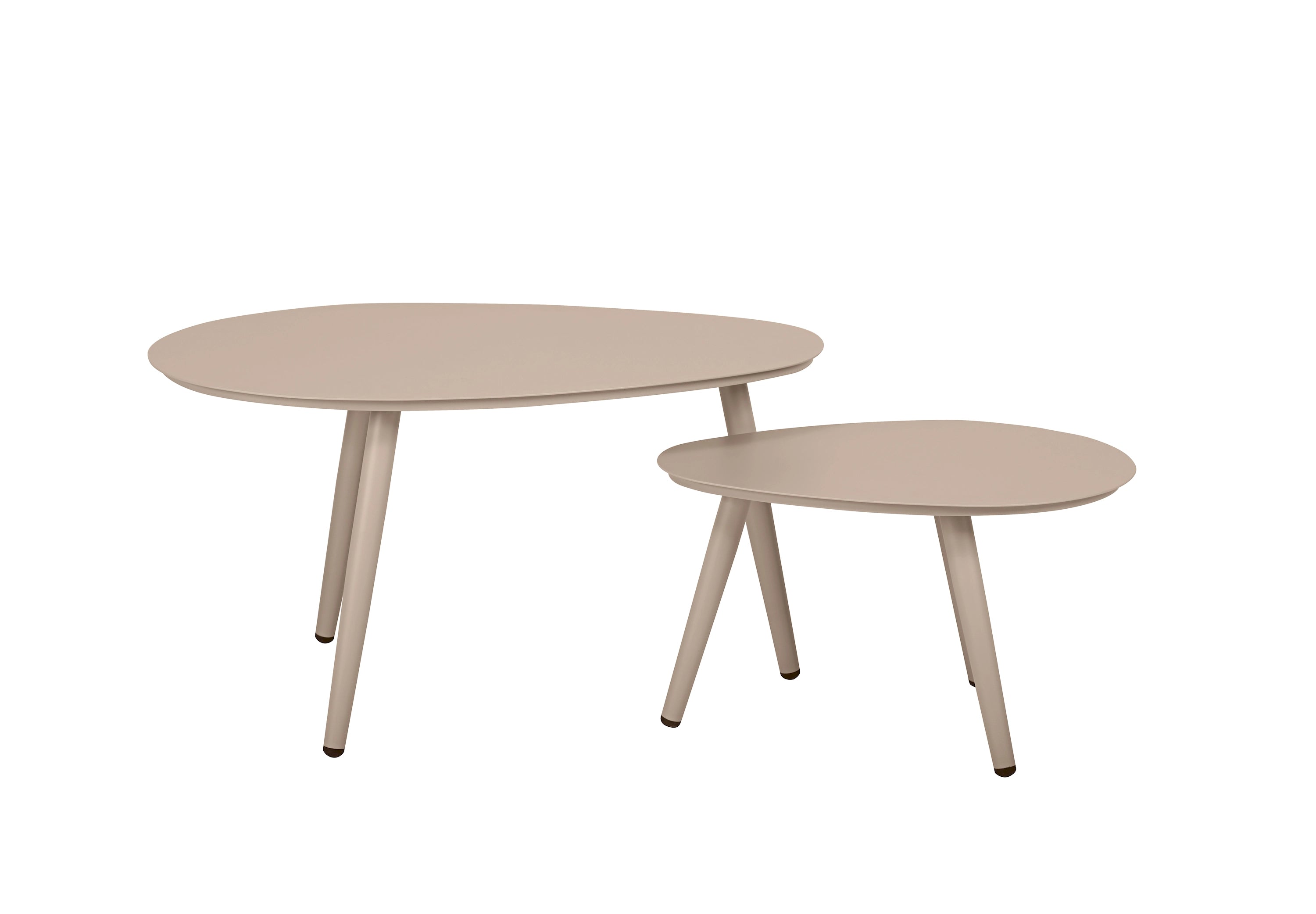 Outdoor oval nesting table set with two tan tables and angled legs