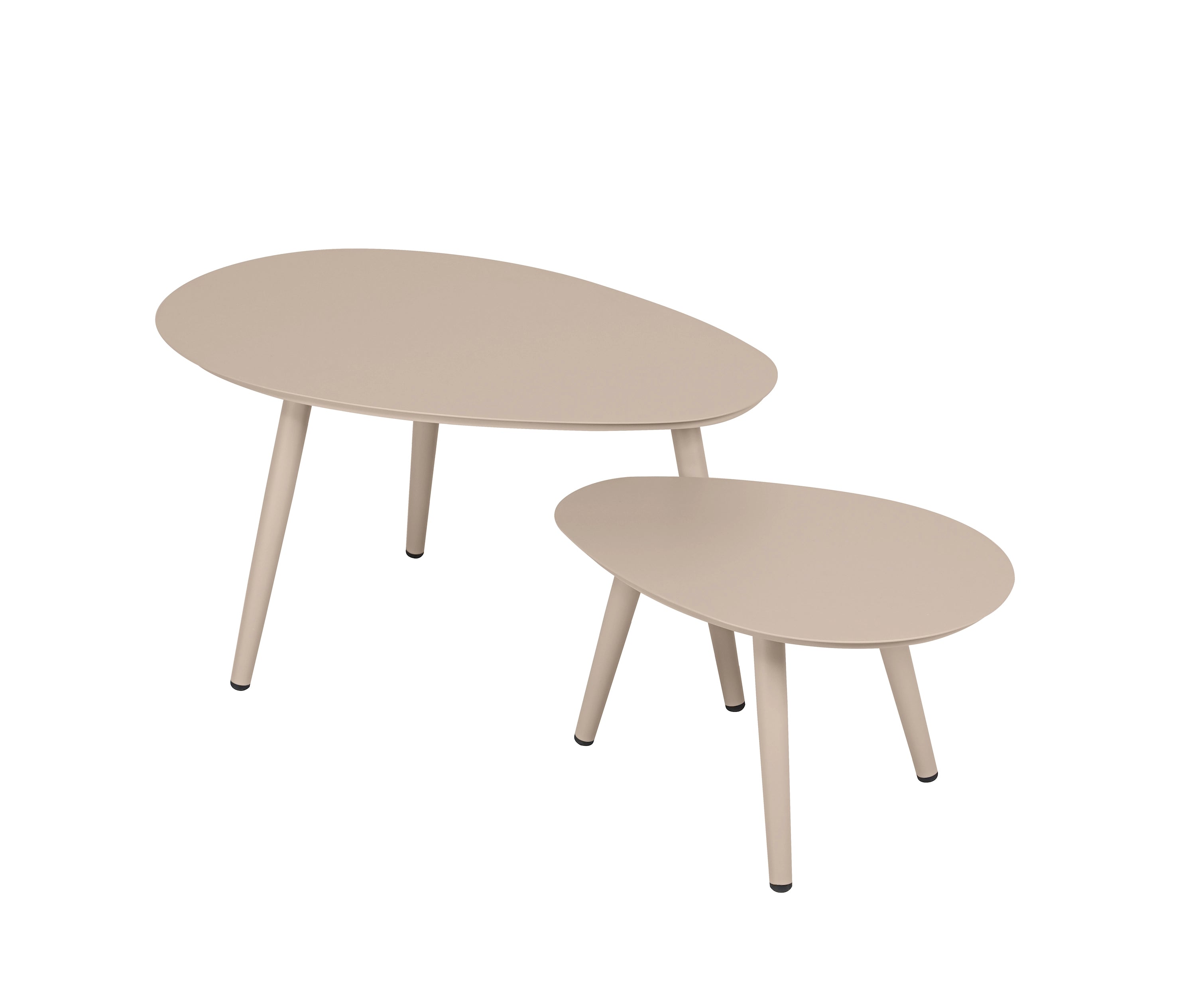 Outdoor oval nesting table set, two tan tables with tapered legs