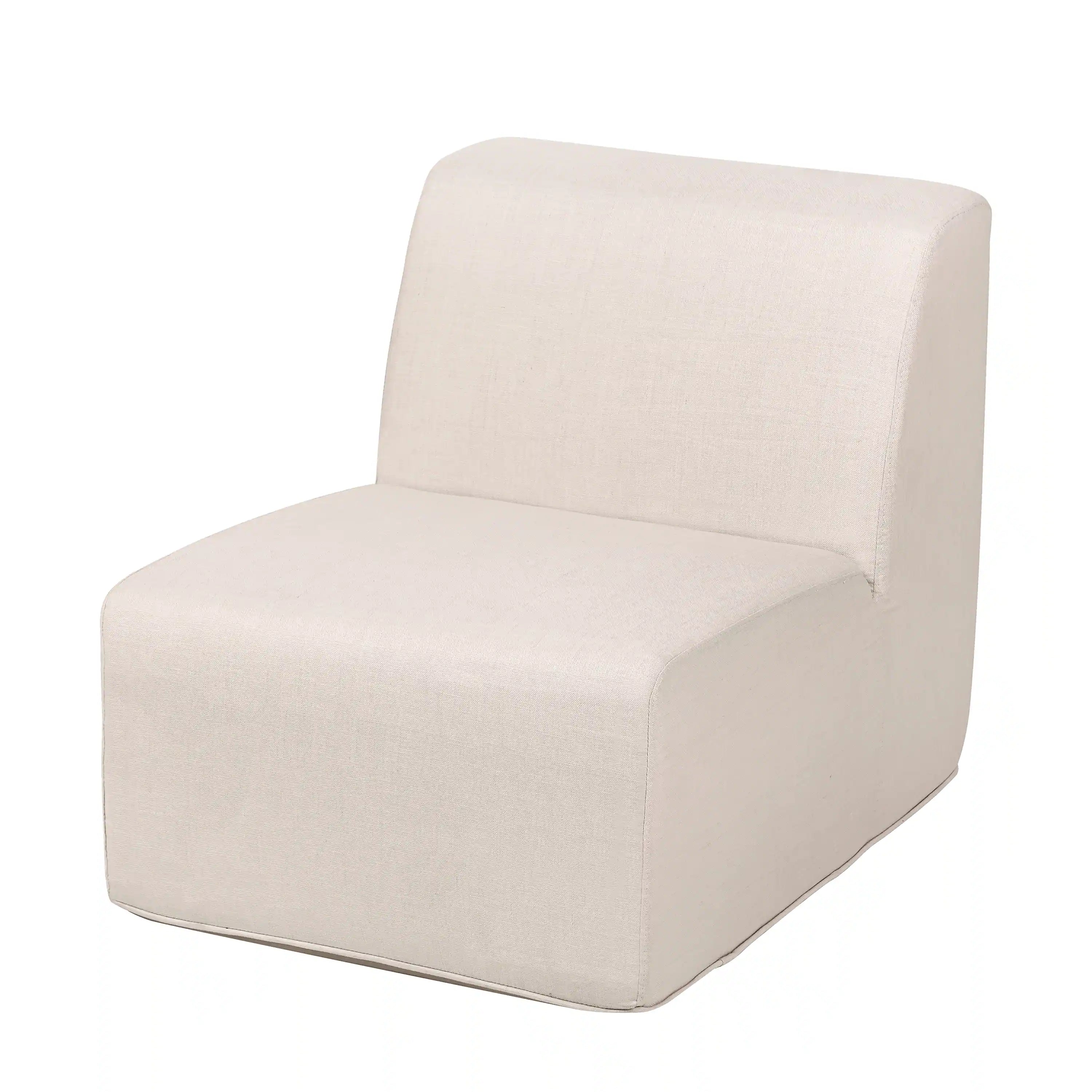 Beige armless outdoor chair with tall backrest and low rounded seat