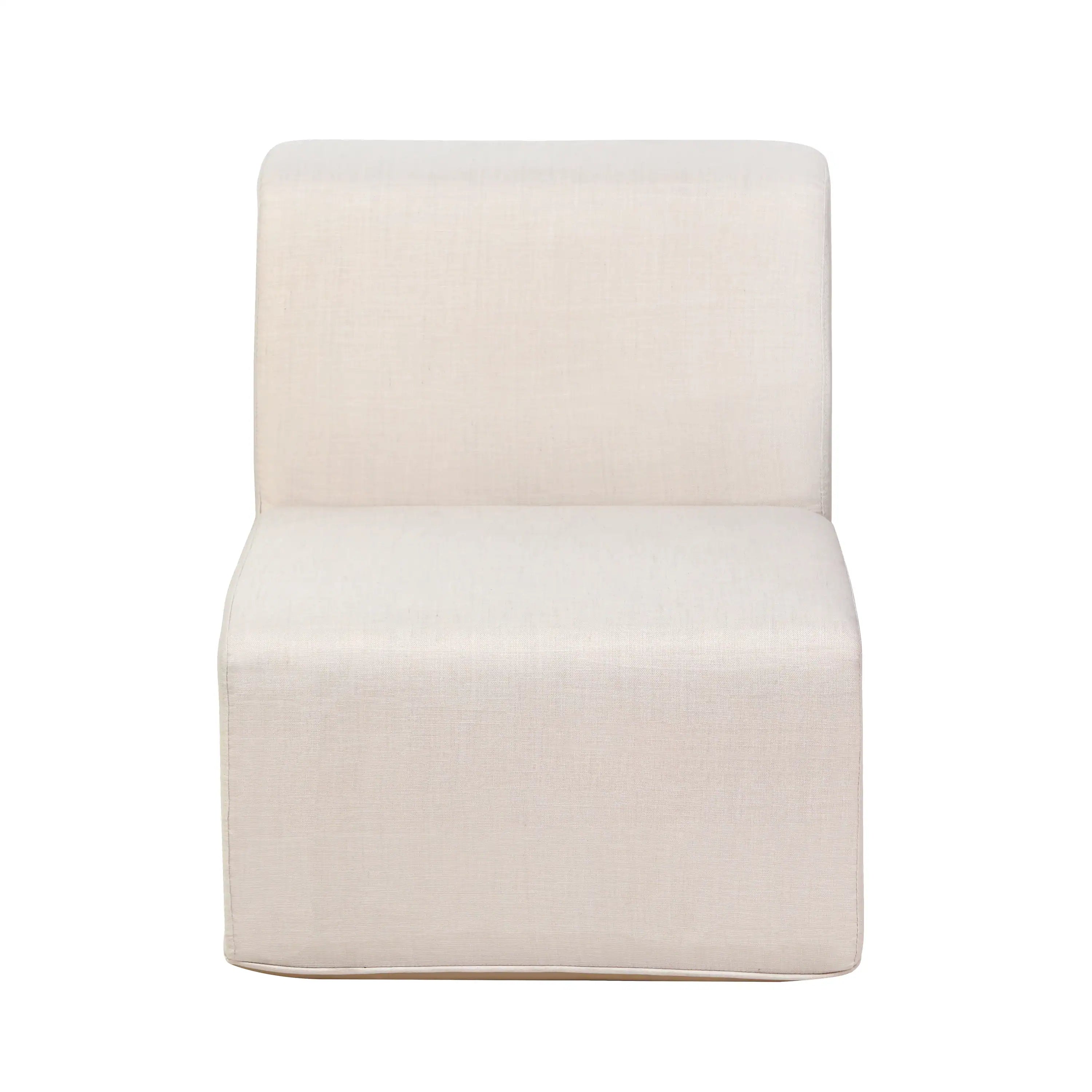 Beige armless sectional sofa chair with square back and cushioned seat