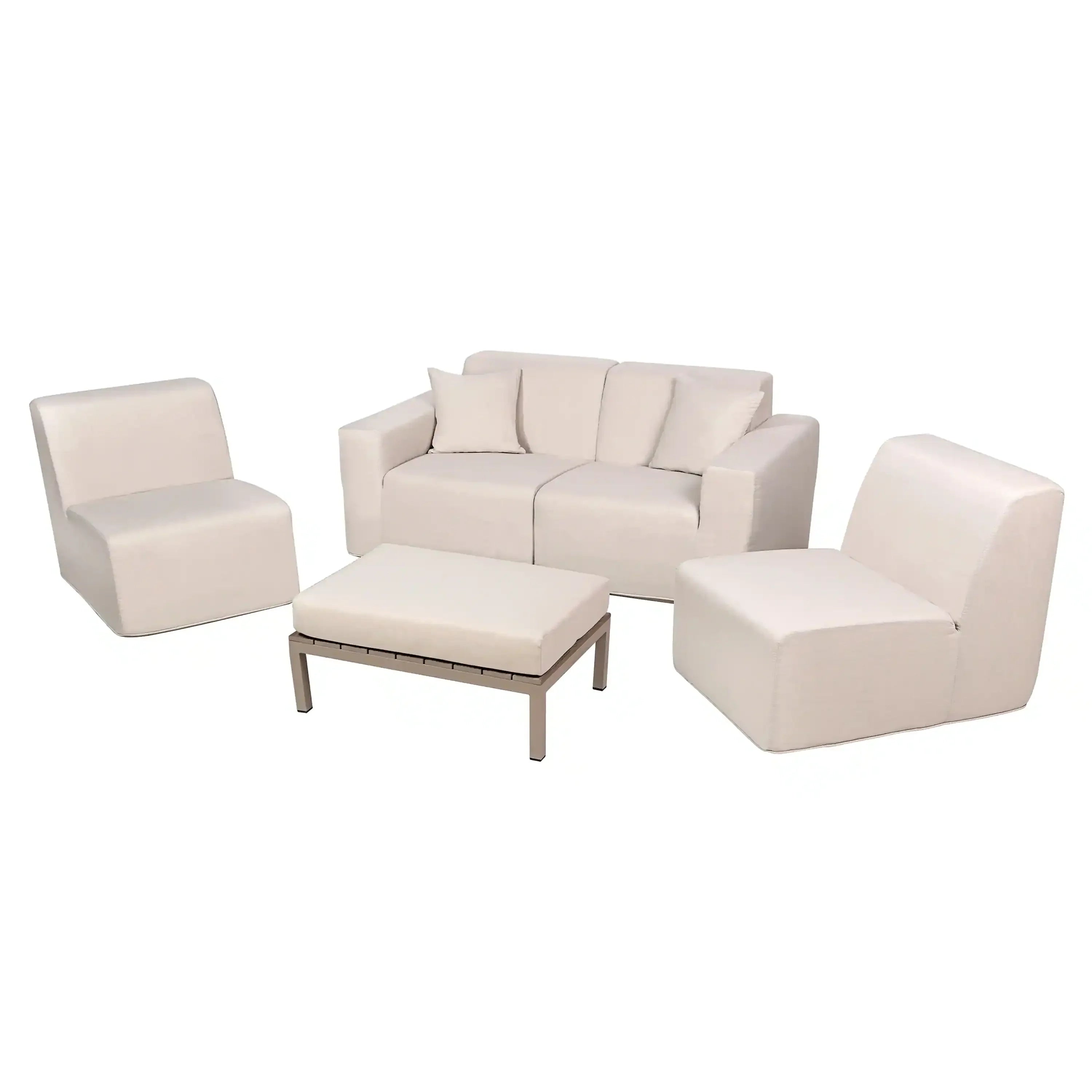 Beige outdoor sectional sofa set with ottoman and wooden table