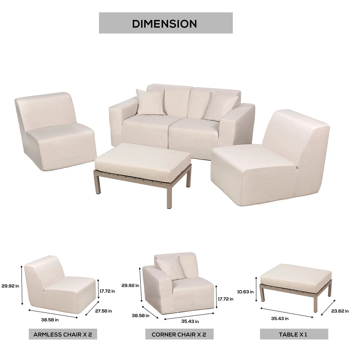 Beige outdoor sectional seating set with ottoman and slatted table