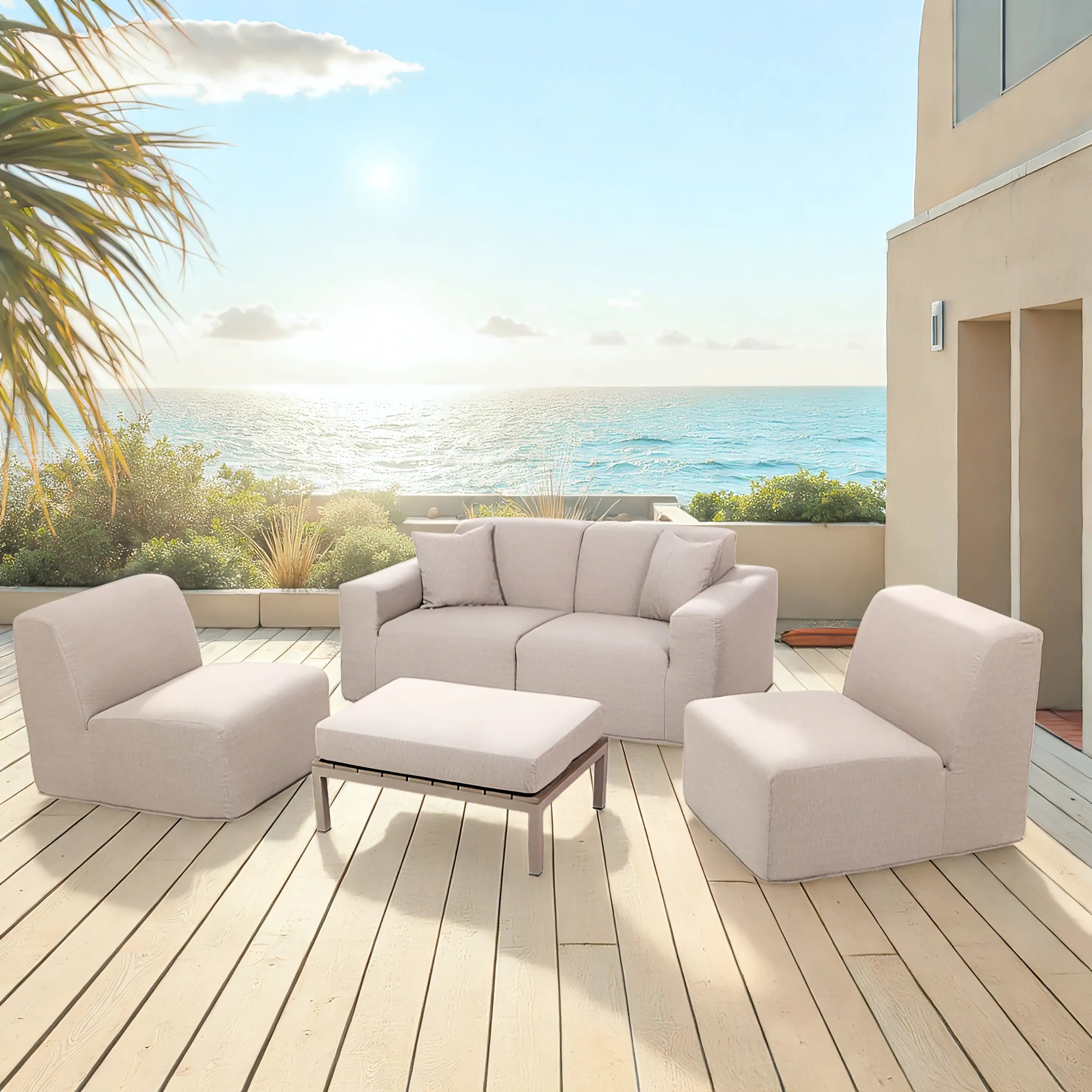 Beige outdoor sectional sofa set with matching ottoman and two armchairs