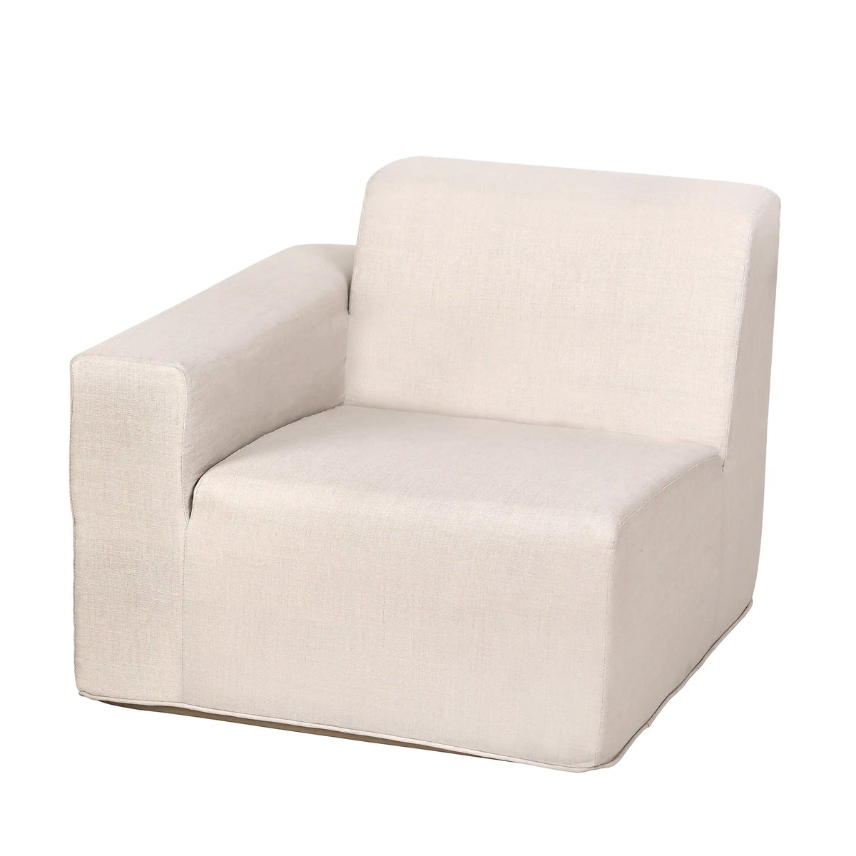 Beige outdoor compressed foam corner chair with wide arms and cushioned seat