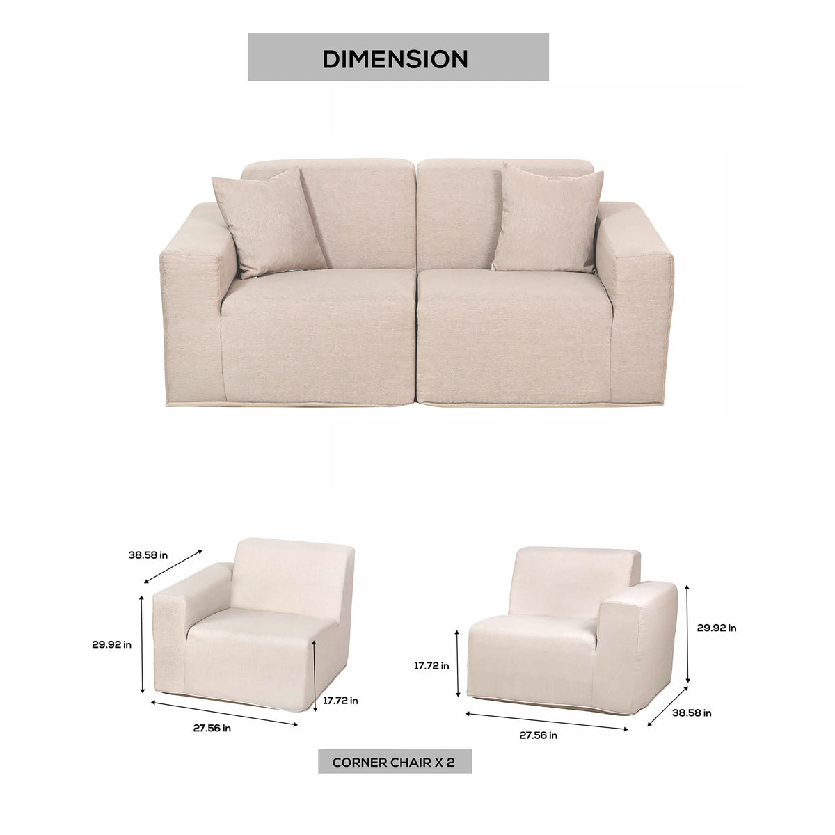 Beige 2-piece outdoor sectional sofa layout with size measurement diagram
