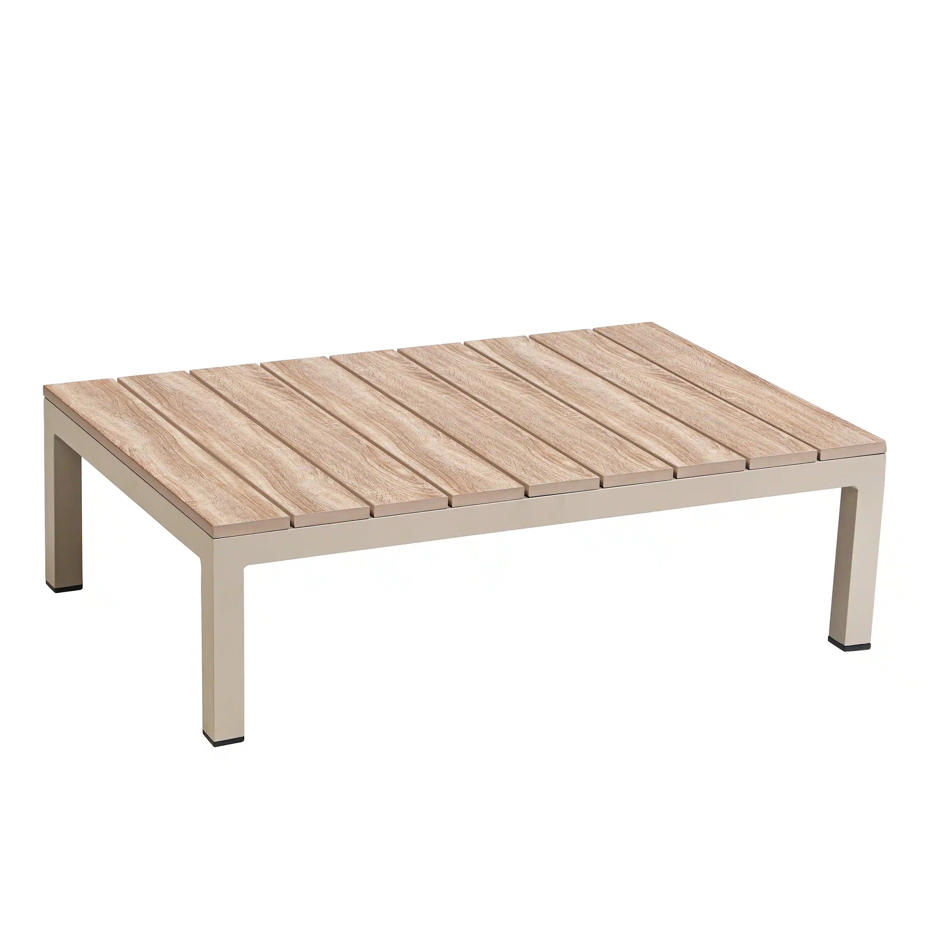 Outdoor ottoman table with light gray frame and light wood slat tabletop