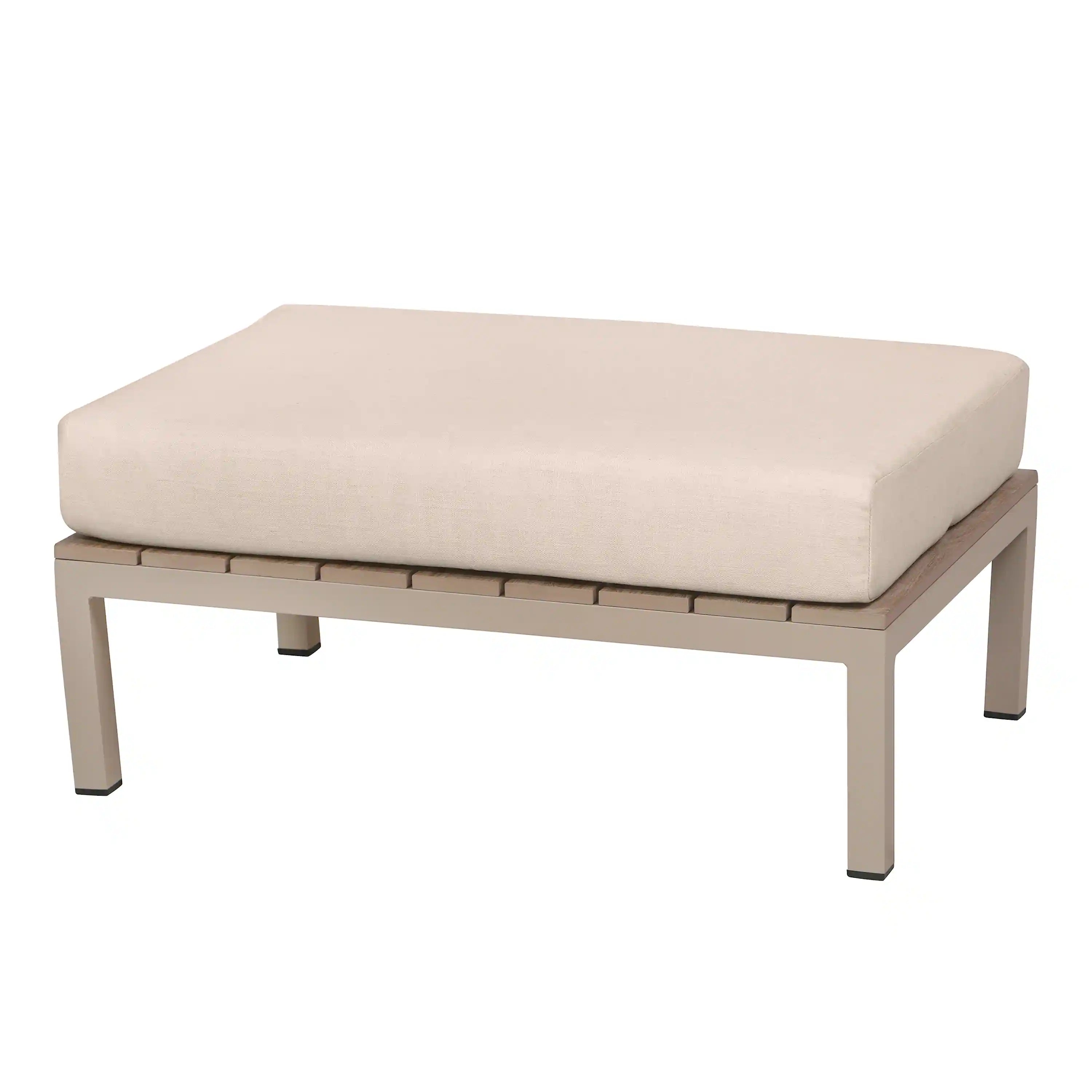 Beige outdoor foam ottoman table with square padded top and light gray legs