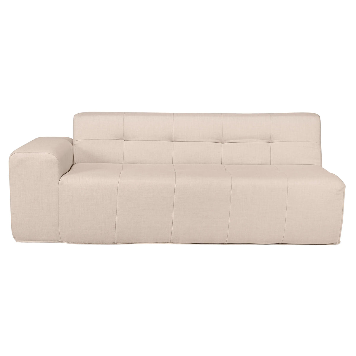 Beige outdoor sofa with tufted back cushion and padded armrests