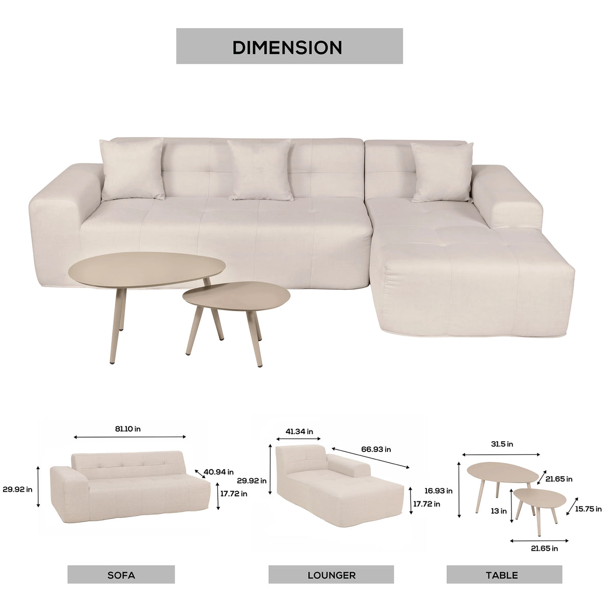 Outdoor sofa set layout with dimension diagram for sofa, lounger, and table