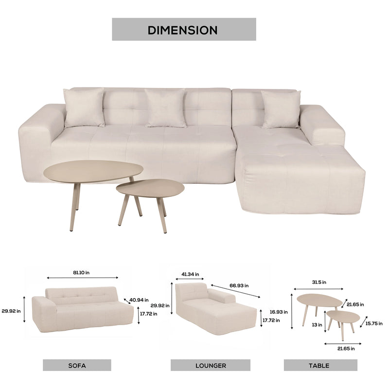 Deko Living 4 Piece Beige Outdoor Compressed Foam Sectional Sofa Lounger and Table Set (COP30218)
