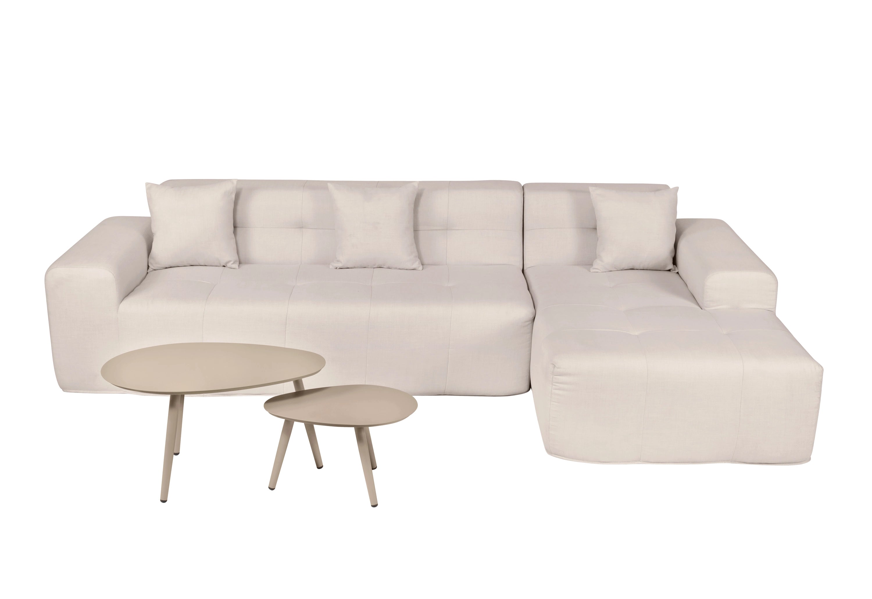 Beige outdoor sectional sofa with foam cushions and two round side tables
