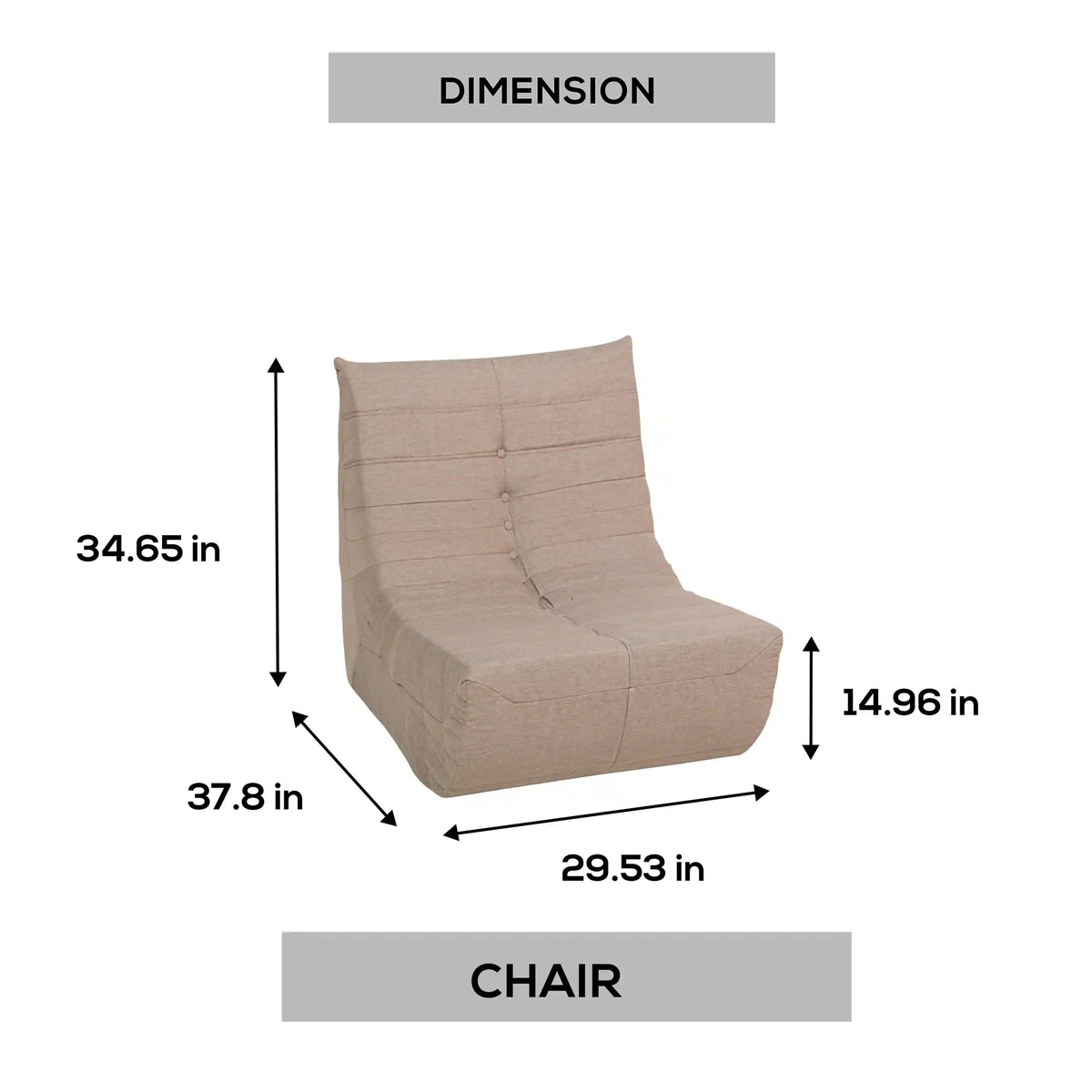 Outdoor chair size diagram showing light beige compressed foam chair measurements.