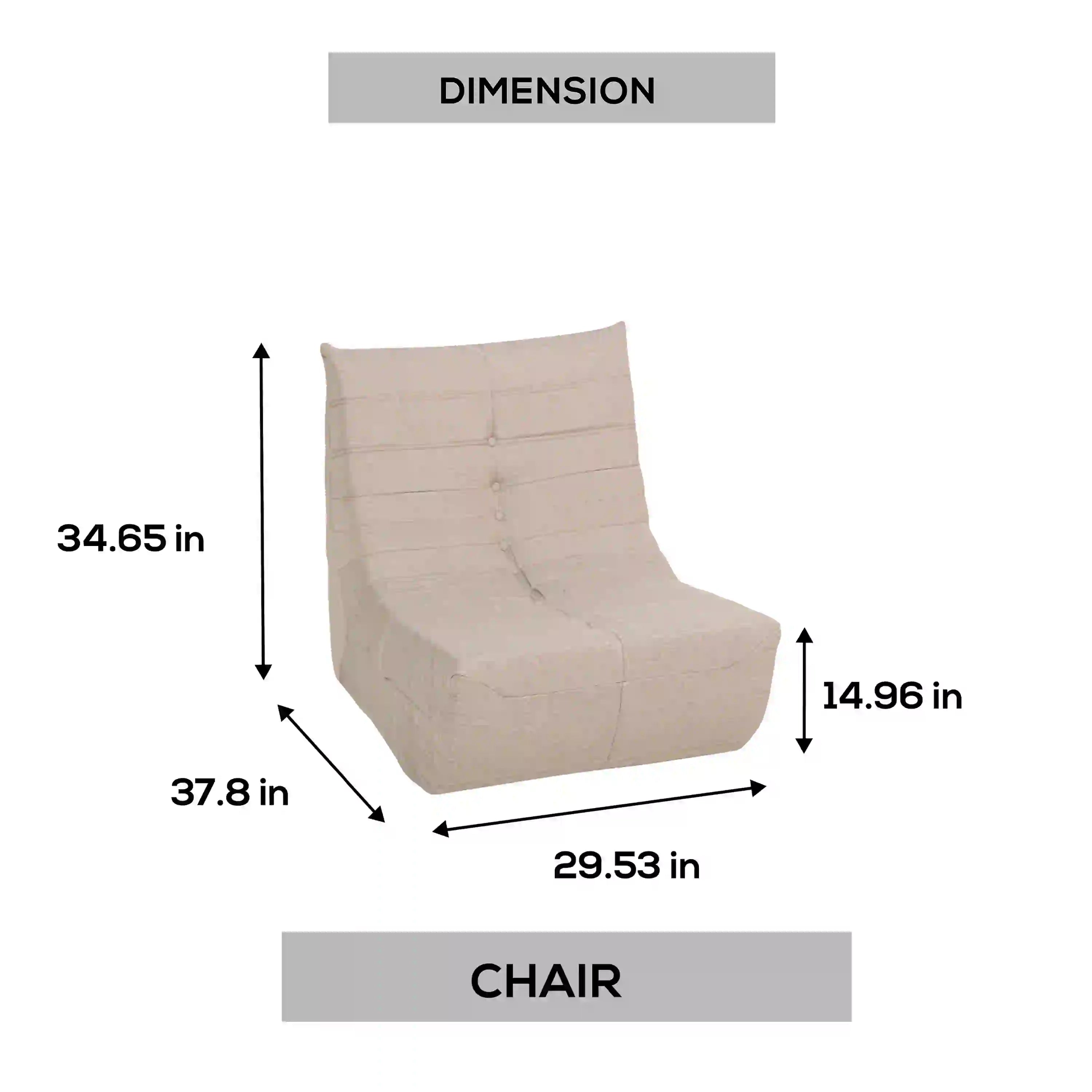 Beige outdoor chair dimensions diagram with front and side height markers