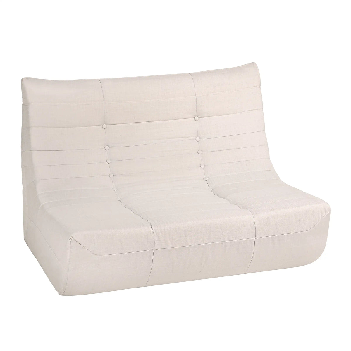Beige outdoor compressed foam sofa with tufted back and rounded arms