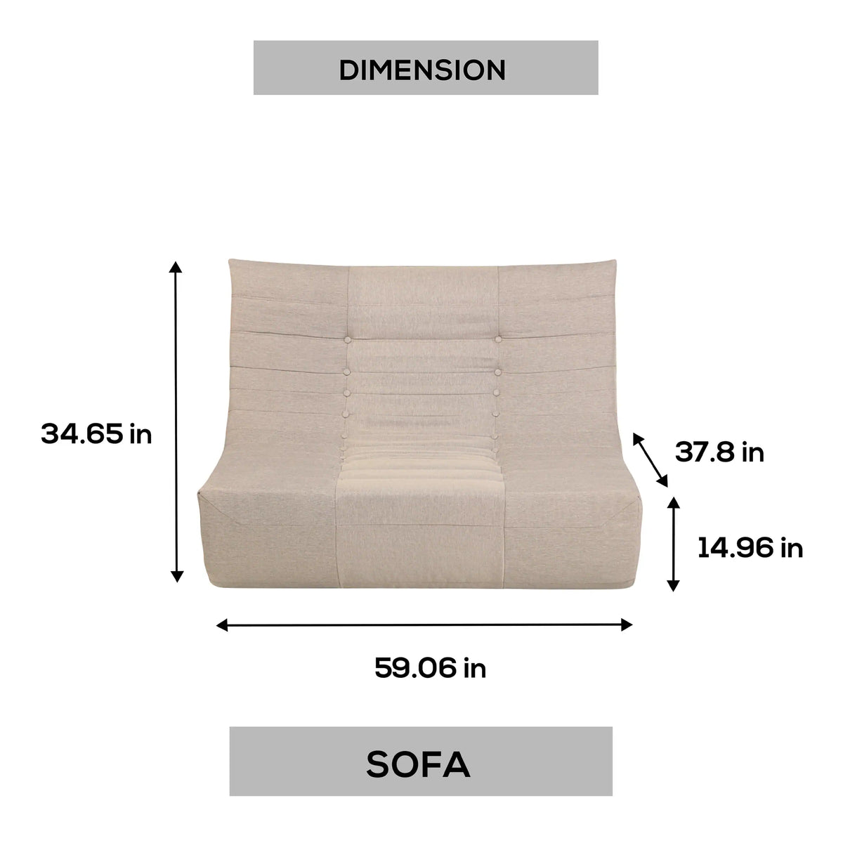 Beige outdoor sofa front view with tufted back and cushion sections