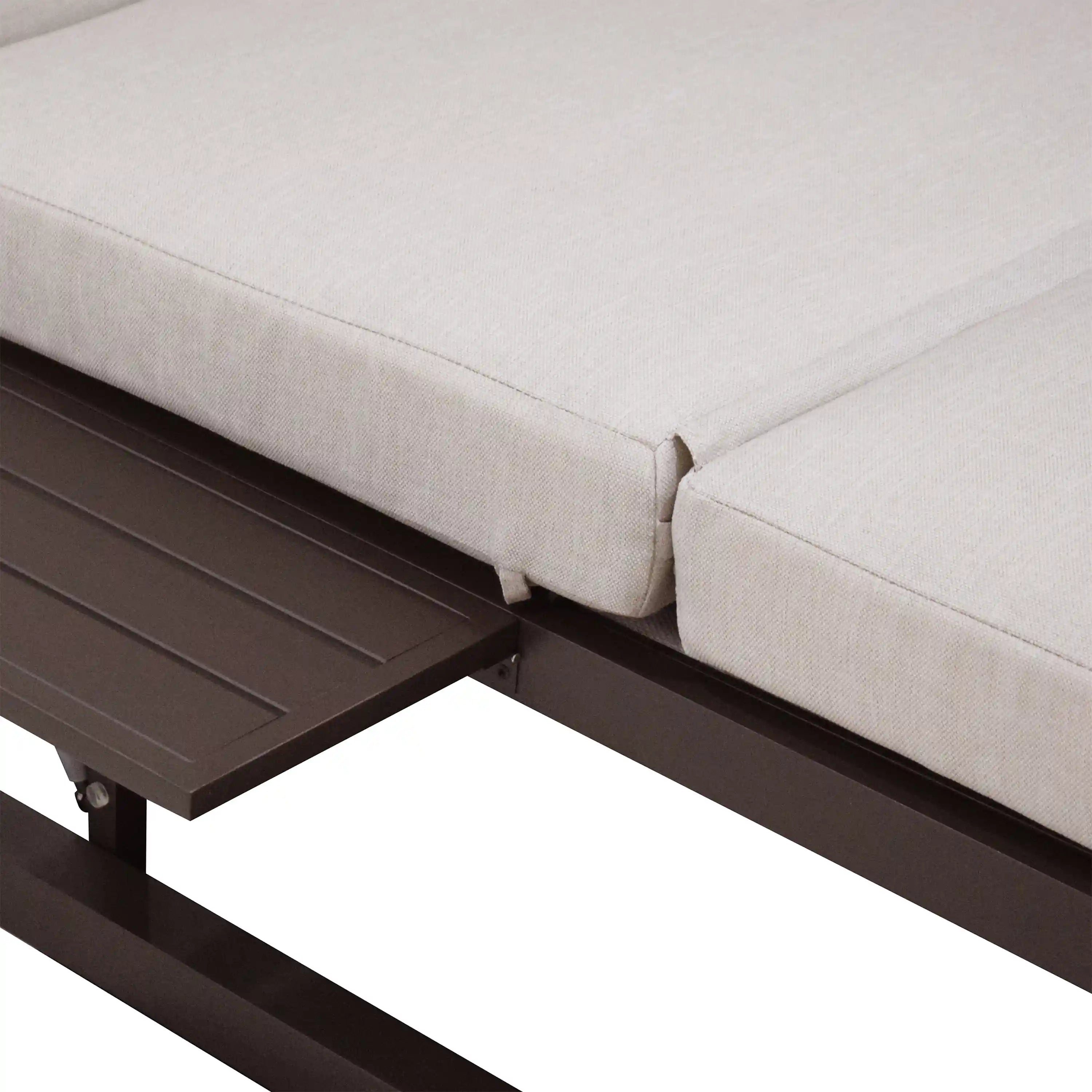 Outdoor daybed cushion corner with beige upholstery on dark brown frame